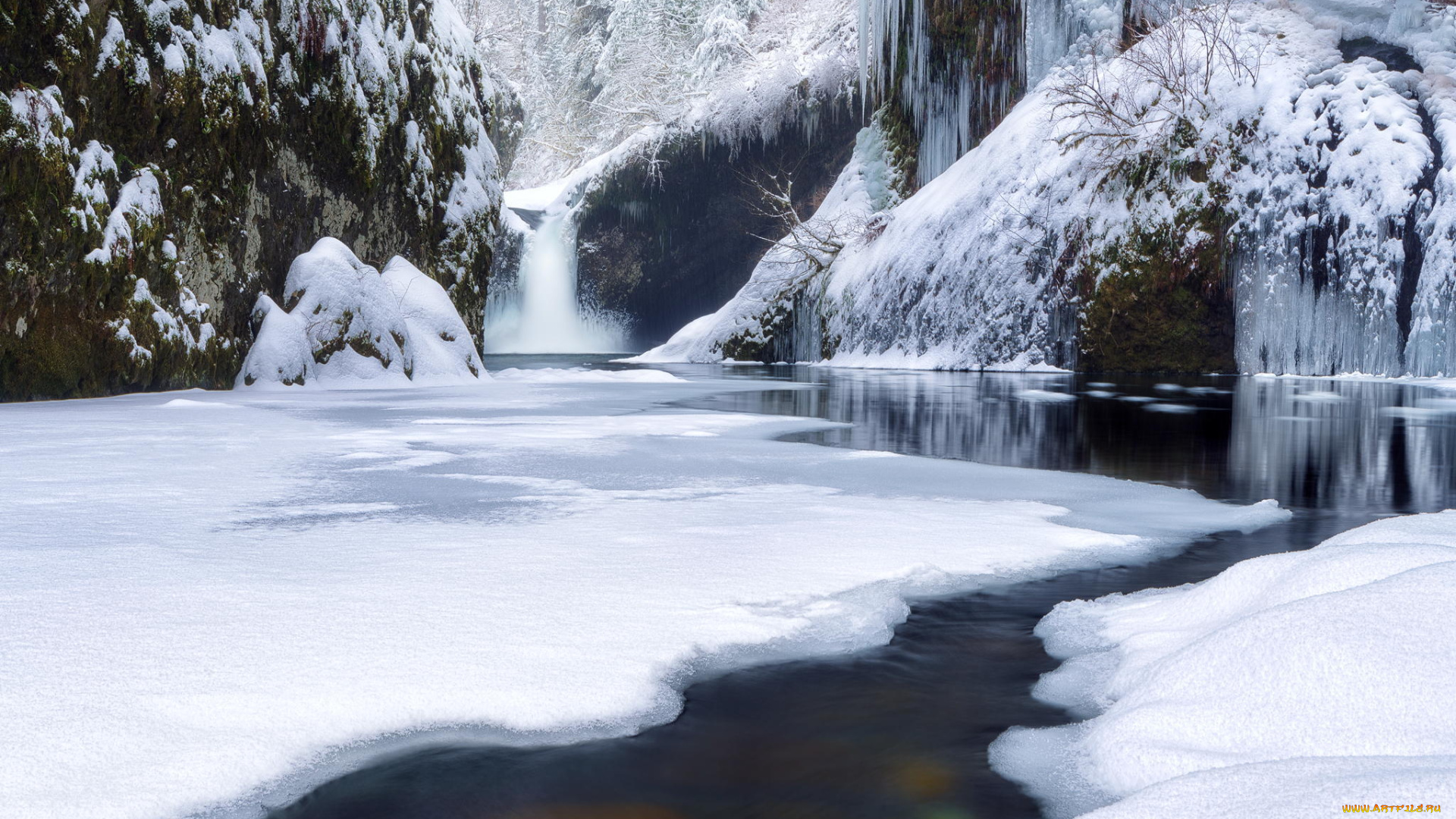 природа, зима, водопад, река, снег, лес