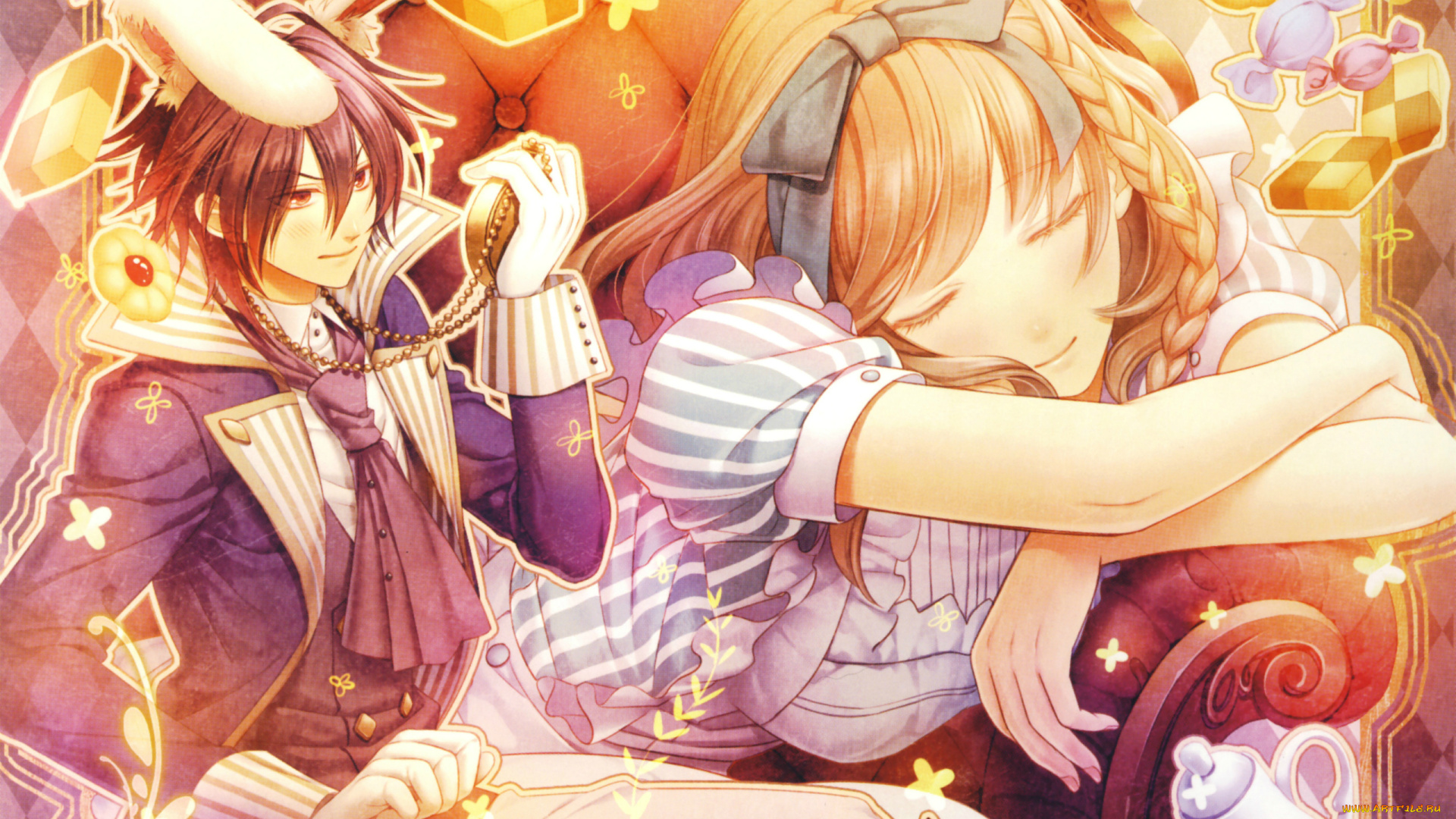 аниме, amnesia, сладости, часы, кролик, shin, alice, in, wonderland, hanamura, mai, кресло, сон, алиса