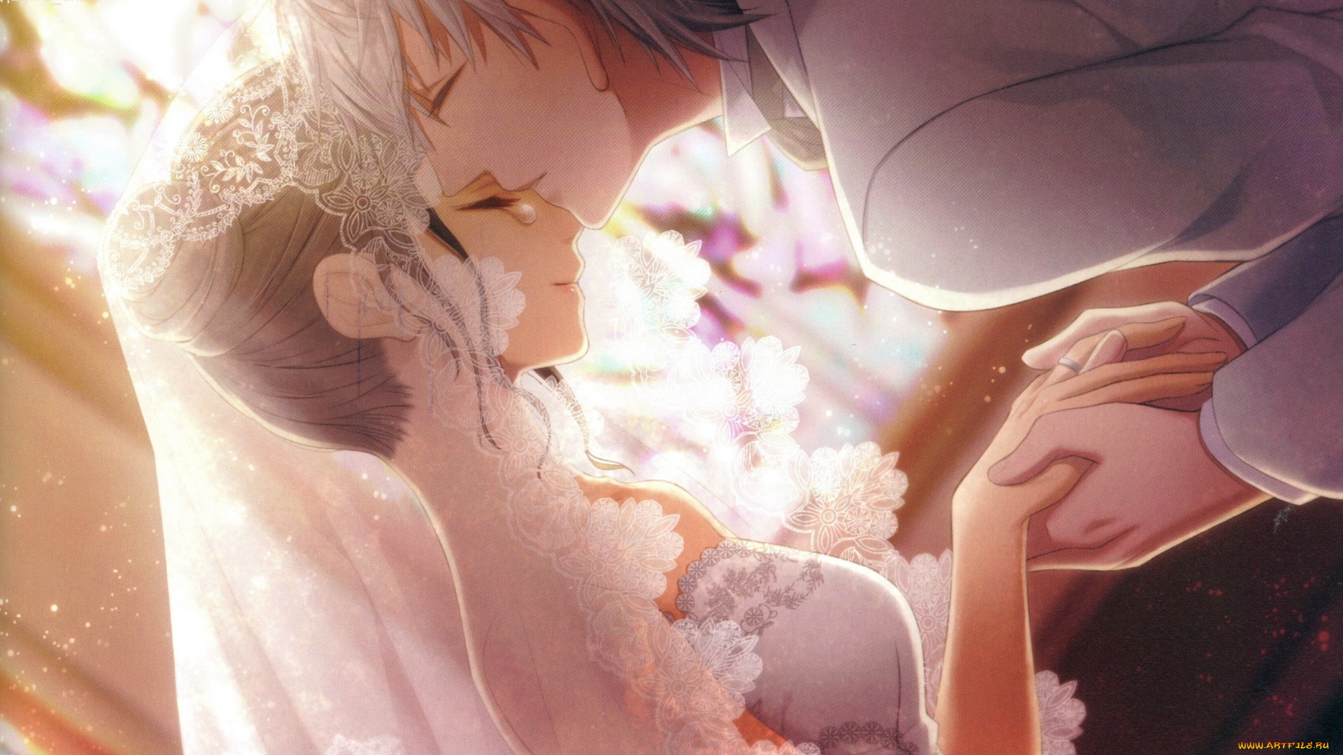 аниме, clock, zero, поцелуй, фата, жених, и, невеста, слеза, кружево, art, clock, zero, nadeshiko, kurou, visual, novel, nagaoka, свет, bishop, руки, свадьба