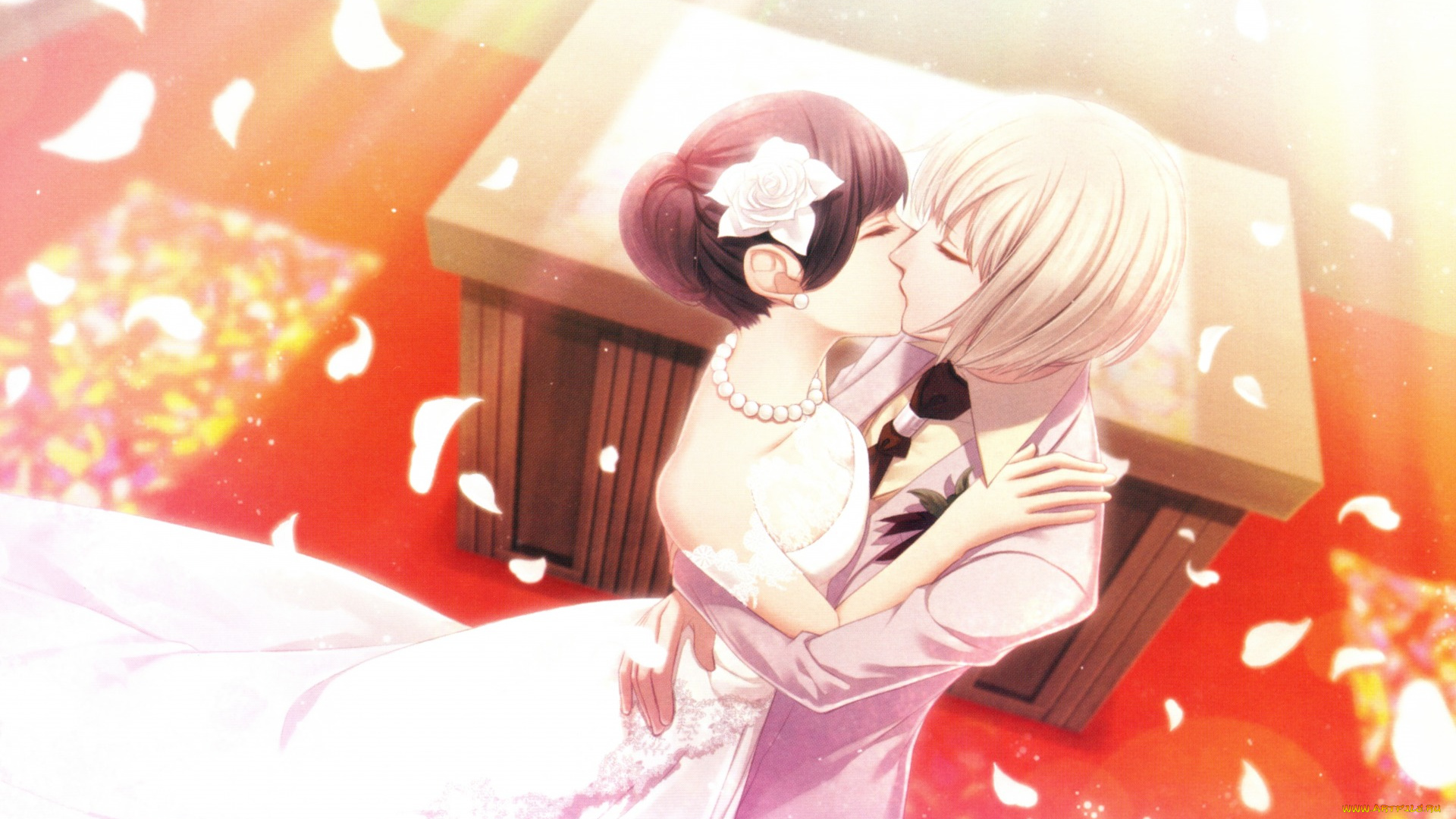 аниме, clock, zero, поцелуй, жених, и, невеста, свадебное, платье, шлейф, лепестки, art, алтарь, clock, zero, nadeshiko, kurou, церковь, philosopher, бусы, nagaoka, свадьба