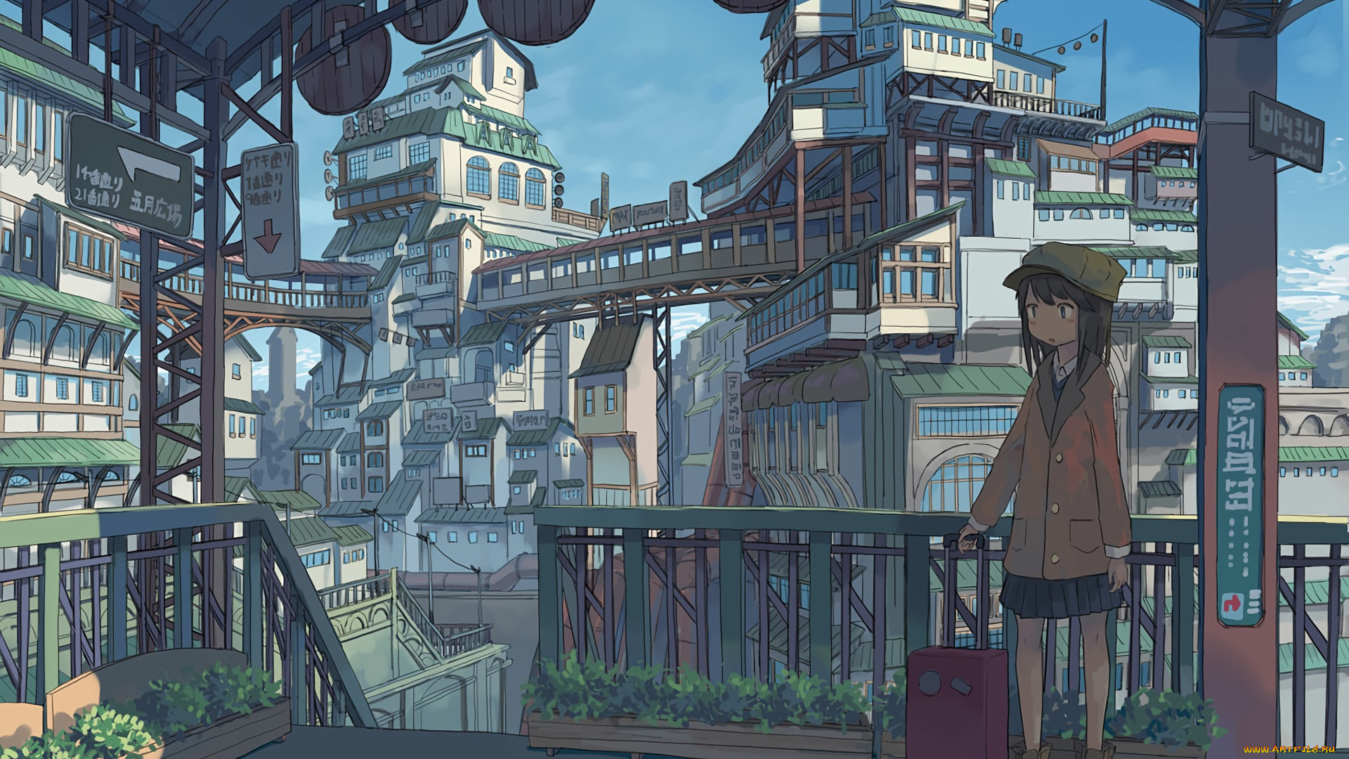 аниме, город, , улицы, , здания, фон, взгляд, девушка