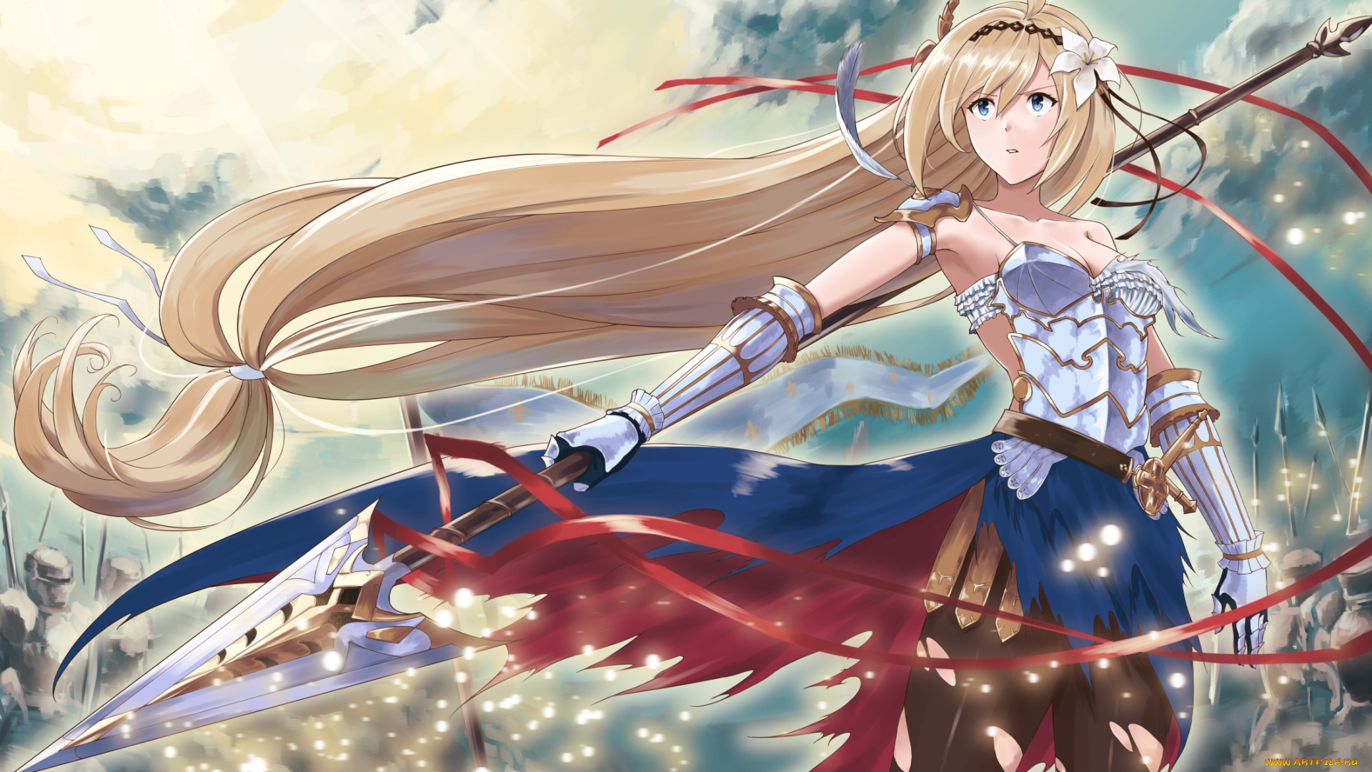 аниме, granblue, fantasy, art, девушка, granblue, fantasy, армия, копьё, anime, перо, оружие