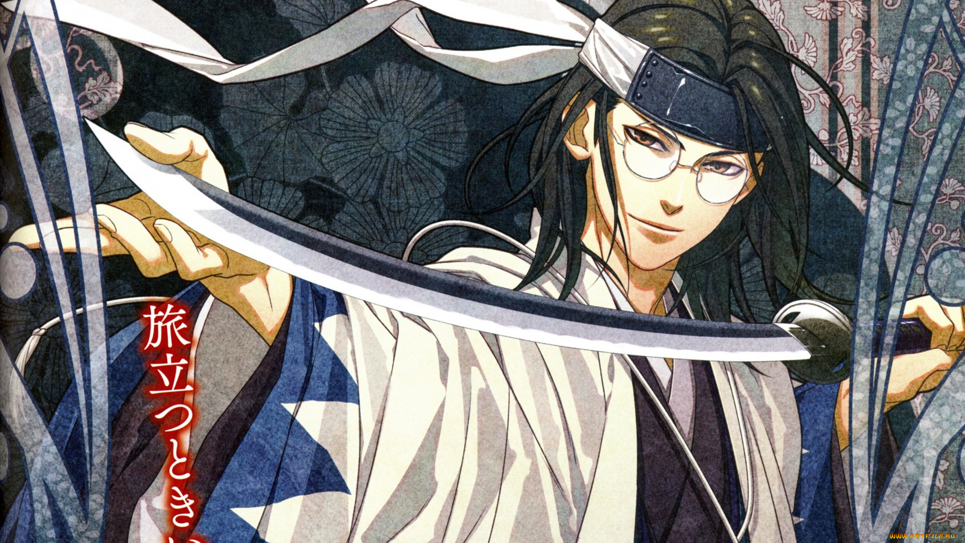 аниме, hakuouki, повязка, самурай, очки, иероглифы, shinsengumi, kitan, демоны, бледной, сакуры, yone, kazuki, art, кимоно, keisuke, sannan