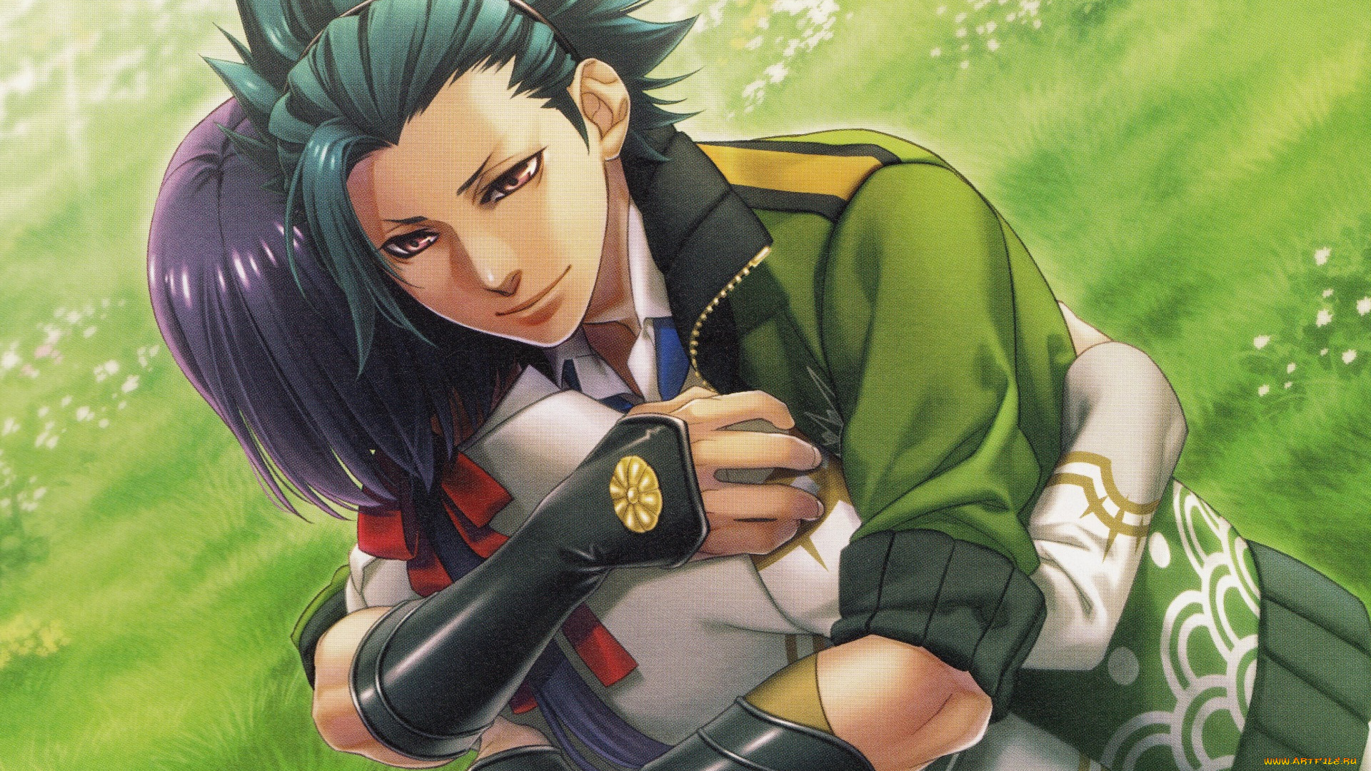 аниме, kamigami, no, asobi, объятия, трава, луг, kamigami, no, asobi, игры, богов, yone, kazuki, art, yui, kusanagi, takeru, totsuka, парень, куртка, visual, novel