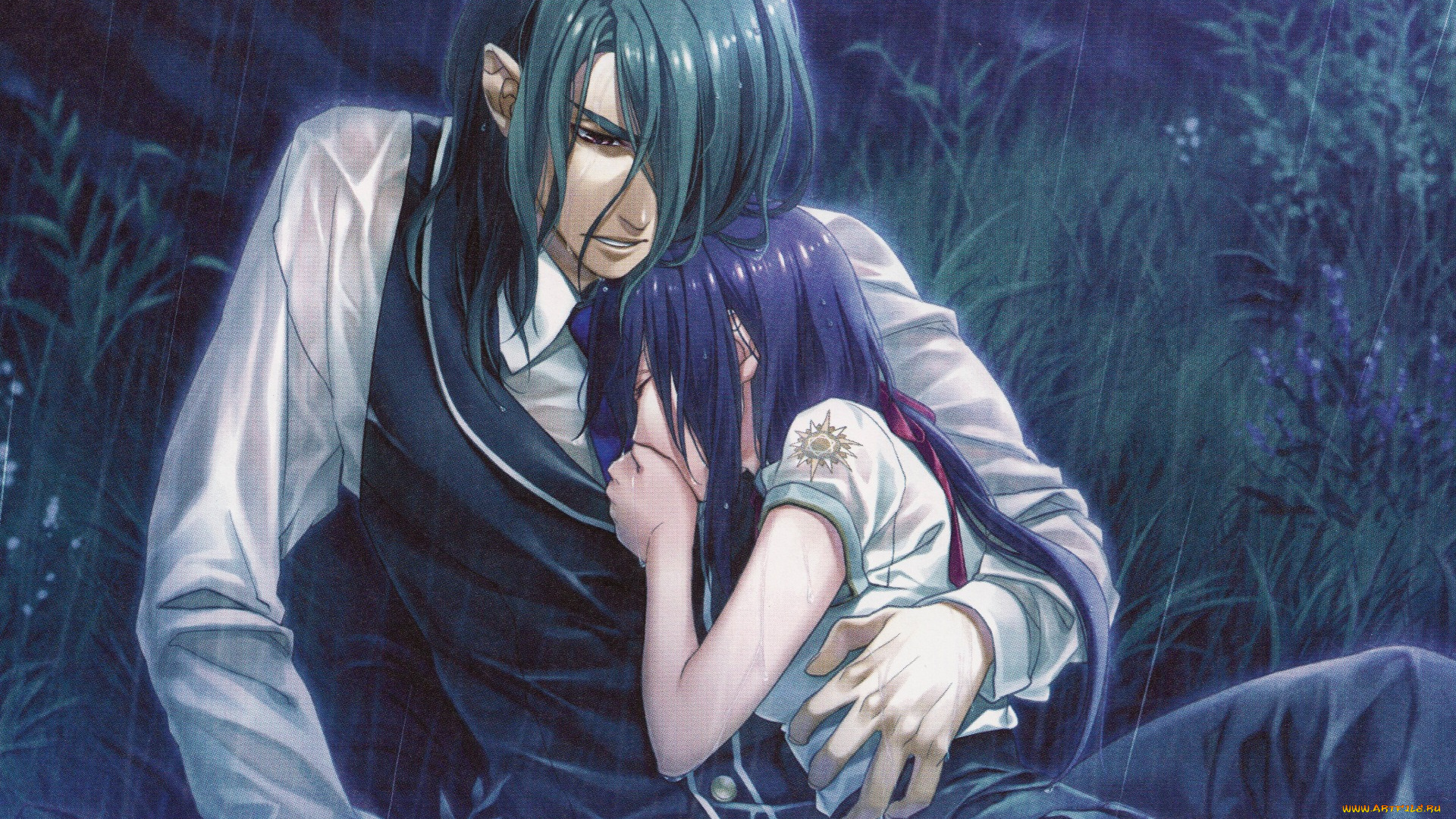 аниме, kamigami, no, asobi, объятия, трава, сумерки, жилет, kamigami, no, asobi, yone, kazuki, art, yui, kusanagi, ливень, эмблема, слезы, парень, visual, novel, hades, aidoneus, двое