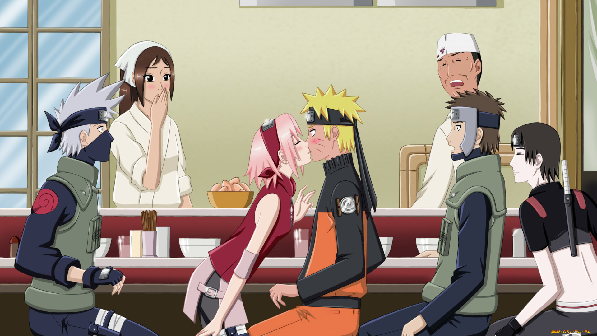 аниме, naruto, наруто, сакура, какаши, сай, поцелуй, столовая