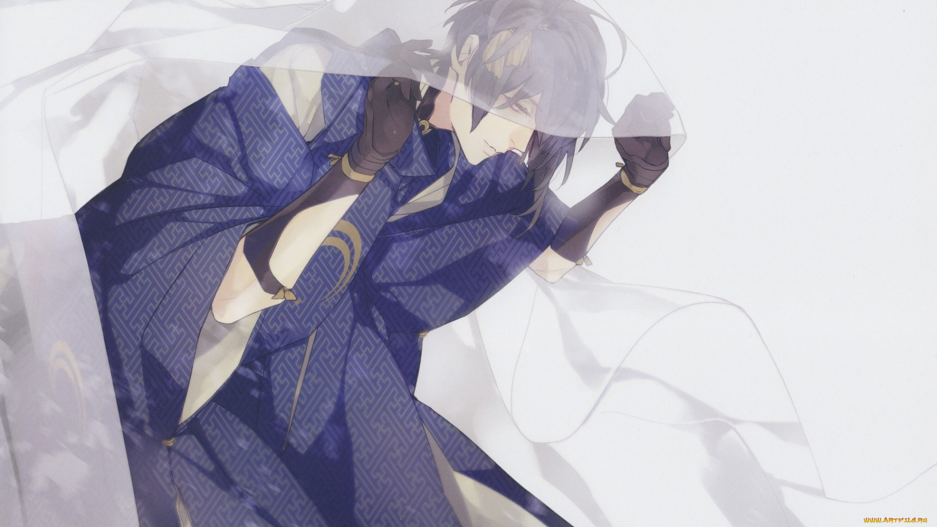 аниме, touken, ranbu, mikazuki, munechika, парень, кимоно, покрывало, art, серый, фон, fumi, takamura, танец, мечей, перчатки, touken, ranbu