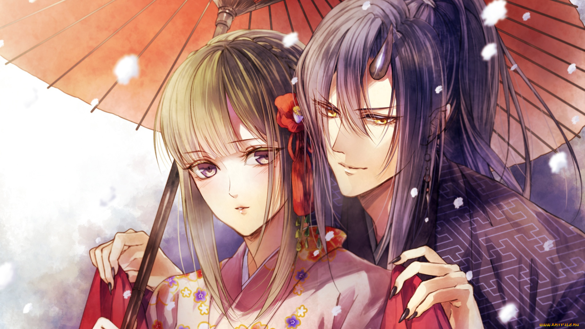 аниме, животные, , существа, когти, otogaki, yoro, рог, ёкай, art, кимоно, зонт, челка, снег, двое