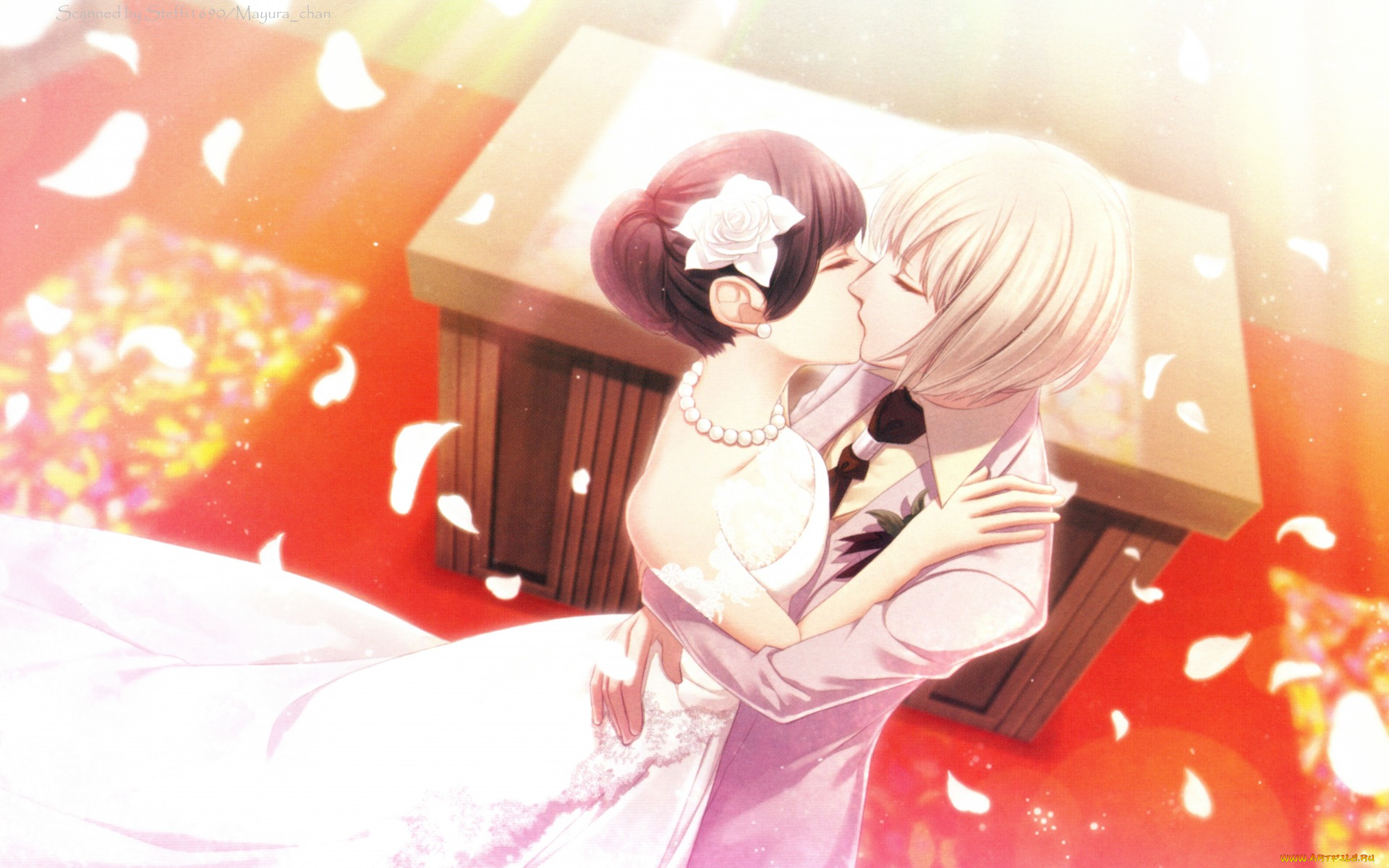 аниме, clock, zero, поцелуй, жених, и, невеста, свадебное, платье, шлейф, лепестки, art, алтарь, clock, zero, nadeshiko, kurou, церковь, philosopher, бусы, nagaoka, свадьба