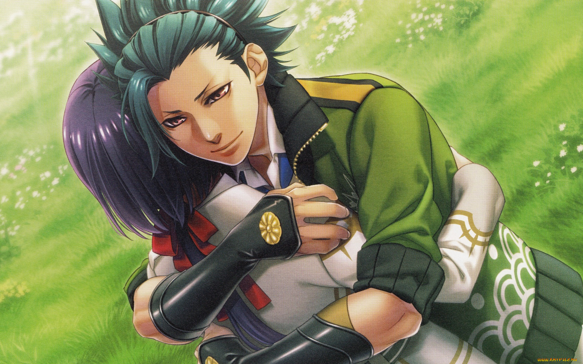 аниме, kamigami, no, asobi, объятия, трава, луг, kamigami, no, asobi, игры, богов, yone, kazuki, art, yui, kusanagi, takeru, totsuka, парень, куртка, visual, novel