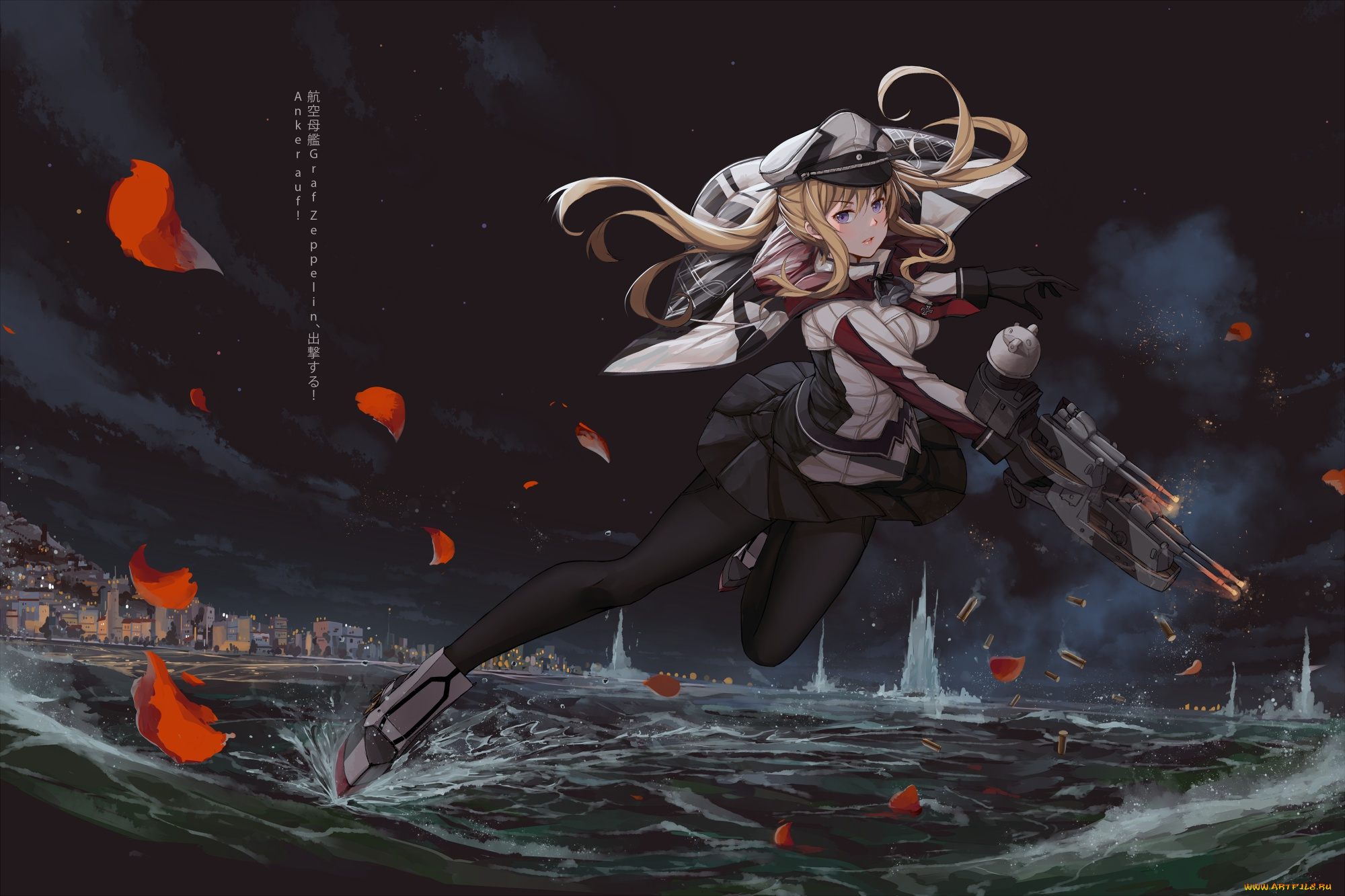 аниме, kantai, collection, kantai, collection, art, оружие, anime, лепестки, вода, девушка