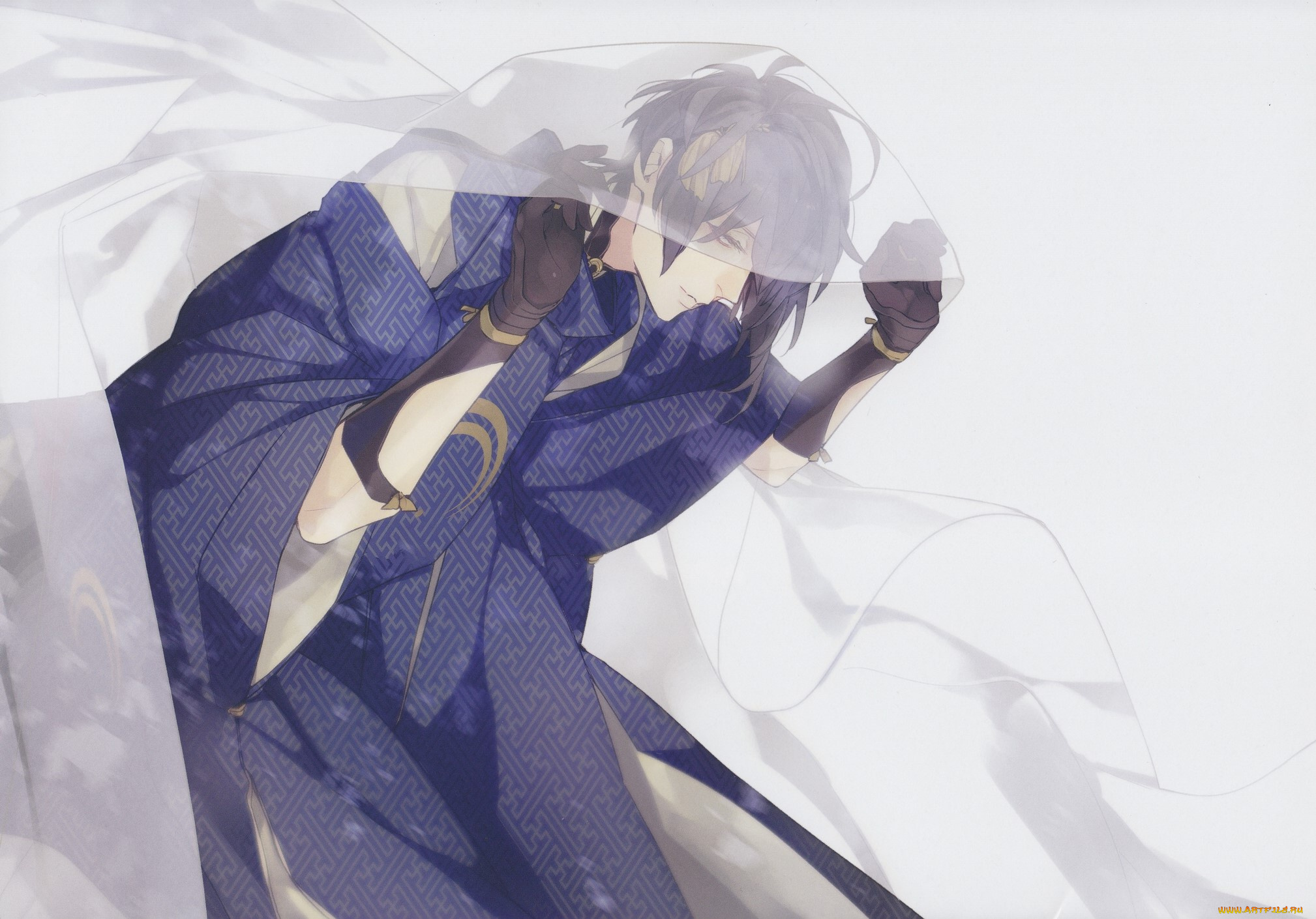 аниме, touken, ranbu, mikazuki, munechika, парень, кимоно, покрывало, art, серый, фон, fumi, takamura, танец, мечей, перчатки, touken, ranbu