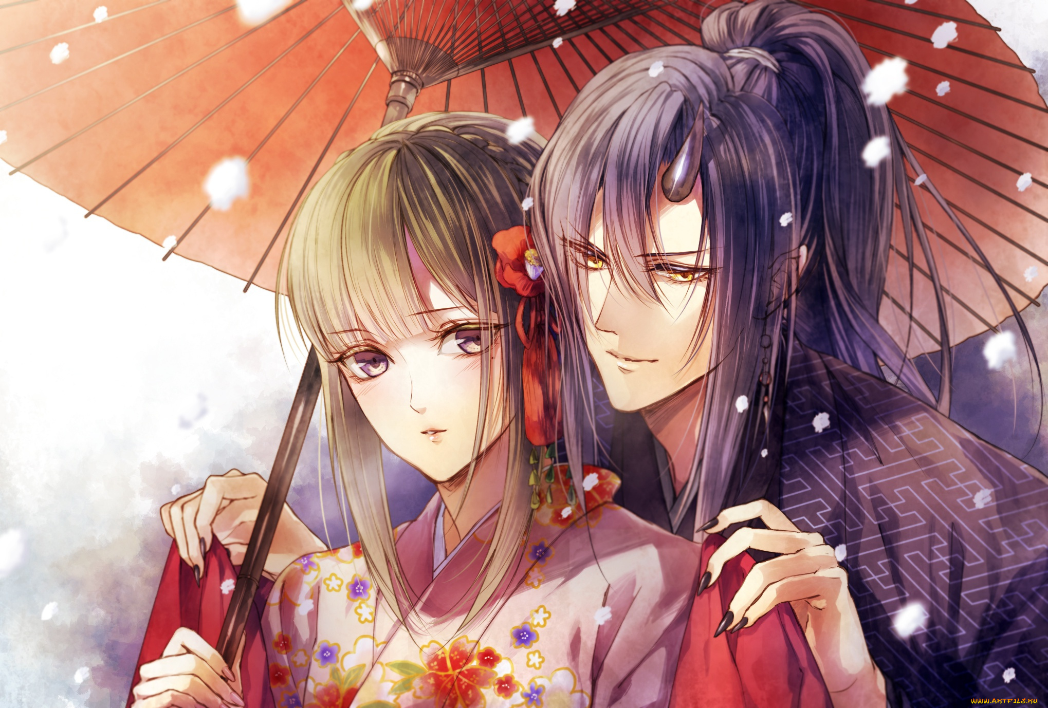 аниме, животные, , существа, когти, otogaki, yoro, рог, ёкай, art, кимоно, зонт, челка, снег, двое