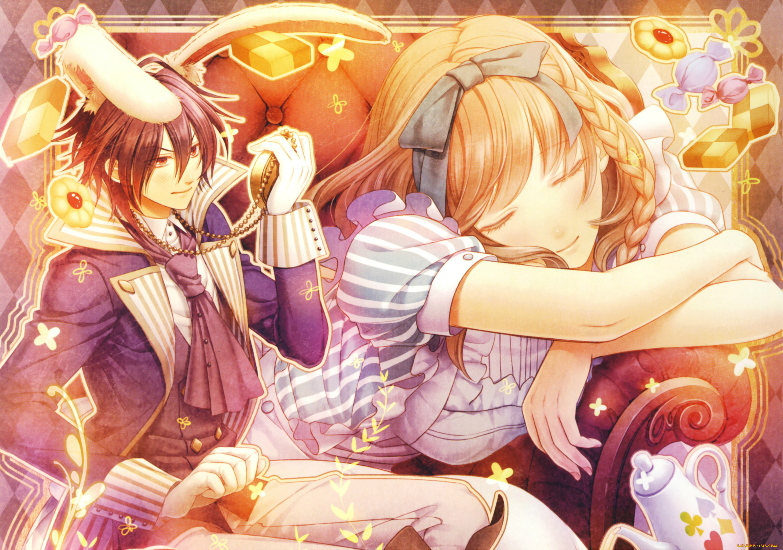 аниме, amnesia, сладости, часы, кролик, shin, alice, in, wonderland, hanamura, mai, кресло, сон, алиса