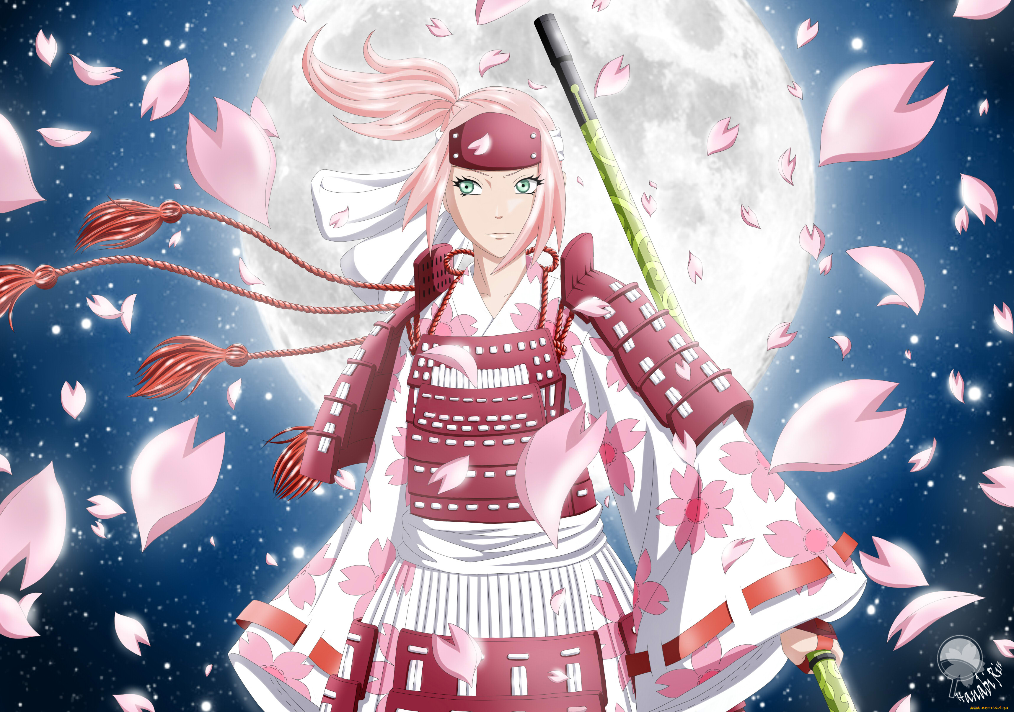 аниме, naruto, самурай, сакура, лепестки, броня