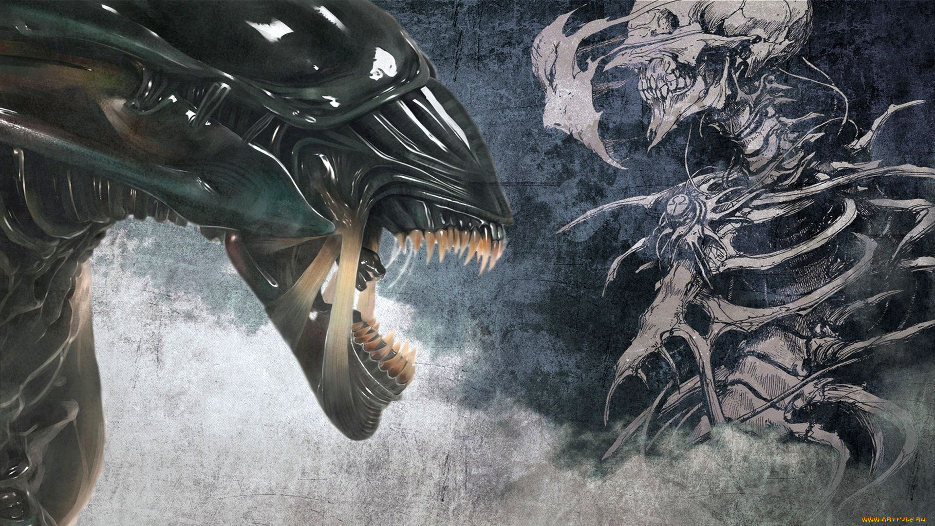 фэнтези, Чужой, , alien, череп, удивляется, земной, живописи, Чужой, скелет