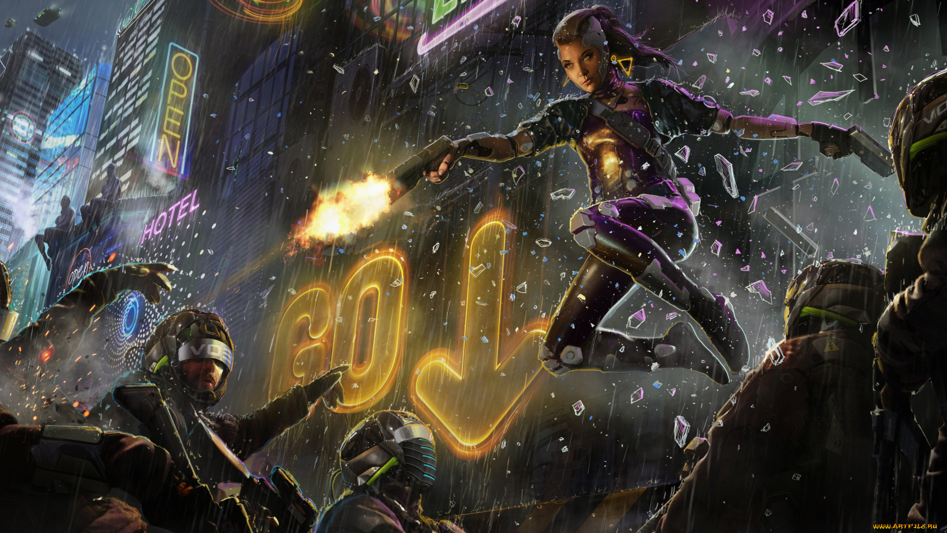 фэнтези, девушки, очки, девушка, ночь, вывеска, дождь, город, пистолет, фантастика, полиция, cyberpunk, шлем, арт, спецназ