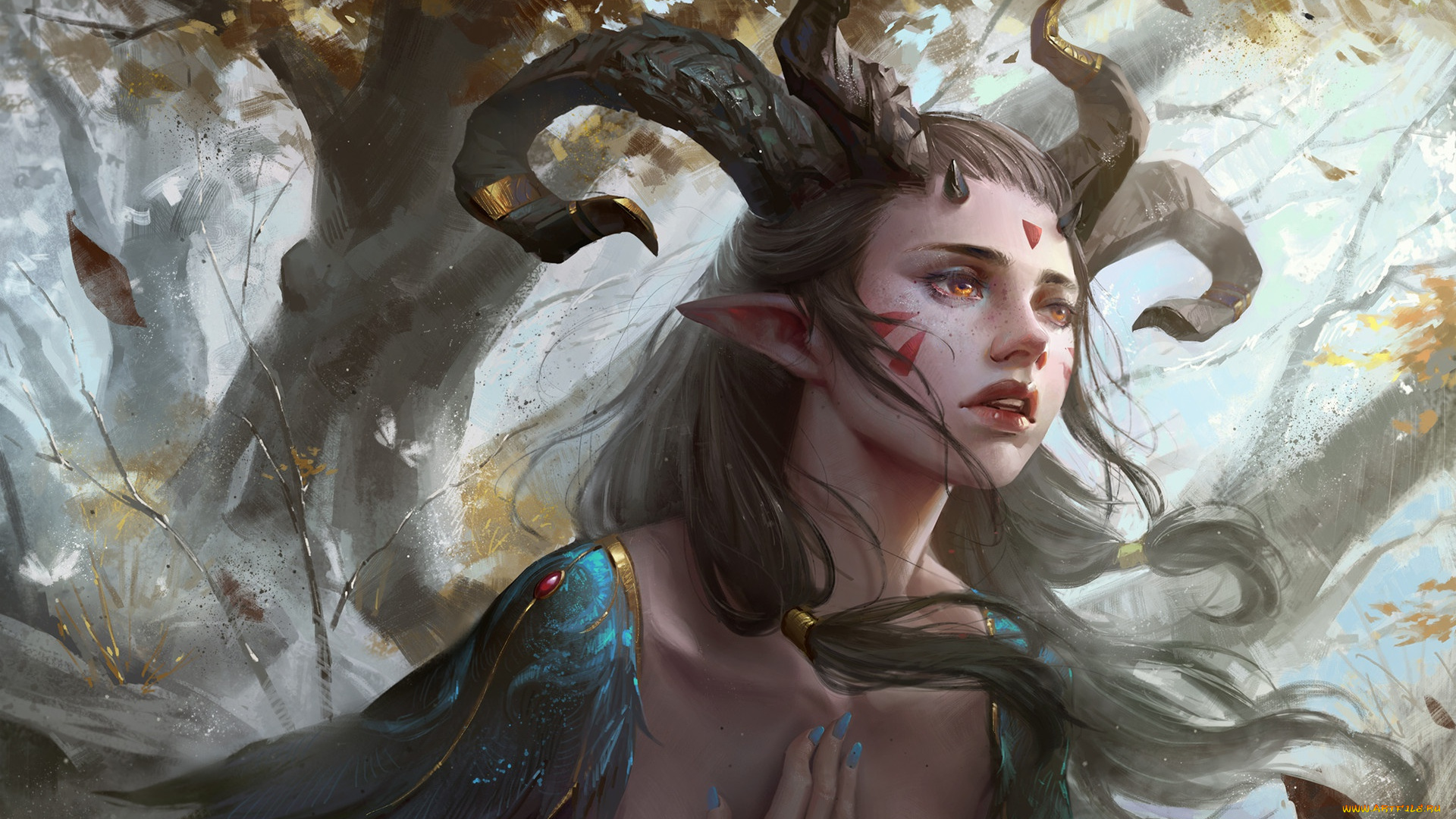 фэнтези, существа, artwork, pointed, ears, painting, leaves, elf, fantasy, art, face, magic, tattoos, trees, yuanbin, hu, feathers, horns