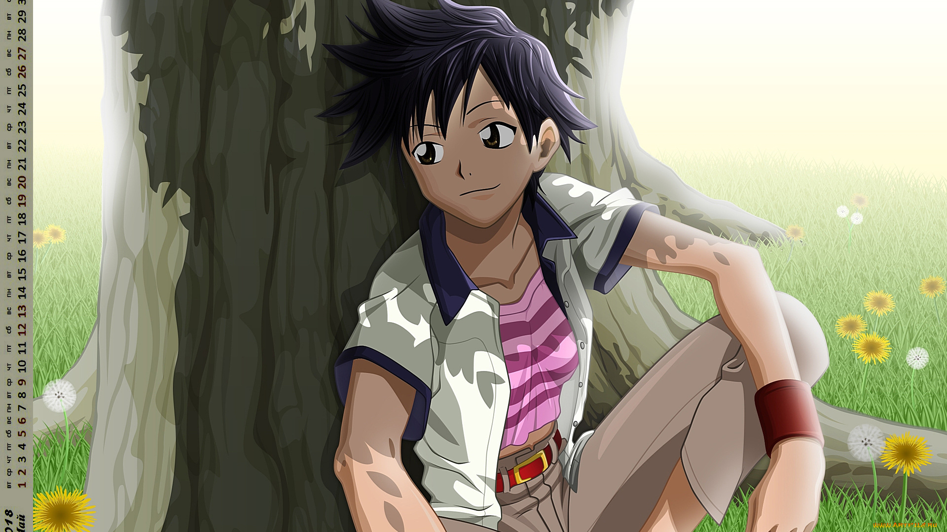 календари, аниме, цветы, юноша, взгляд
