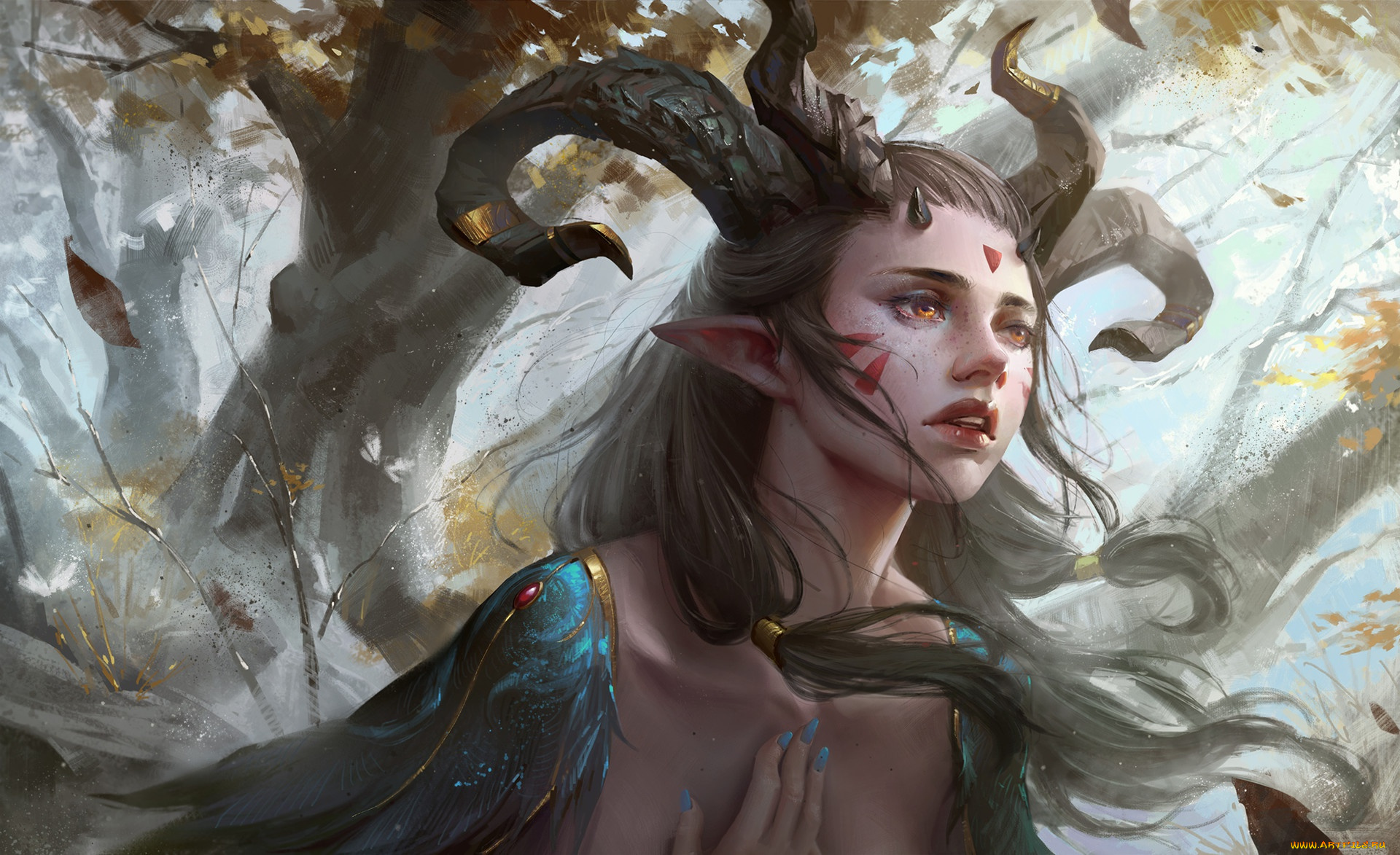 фэнтези, существа, artwork, pointed, ears, painting, leaves, elf, fantasy, art, face, magic, tattoos, trees, yuanbin, hu, feathers, horns