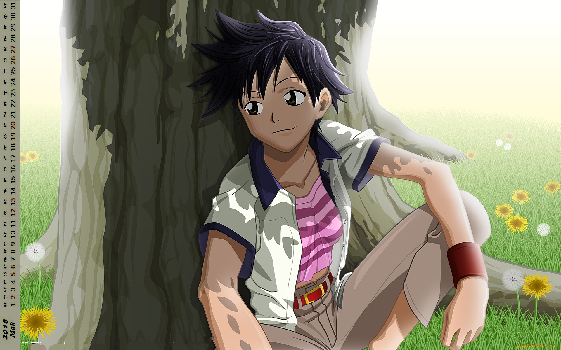 календари, аниме, цветы, юноша, взгляд