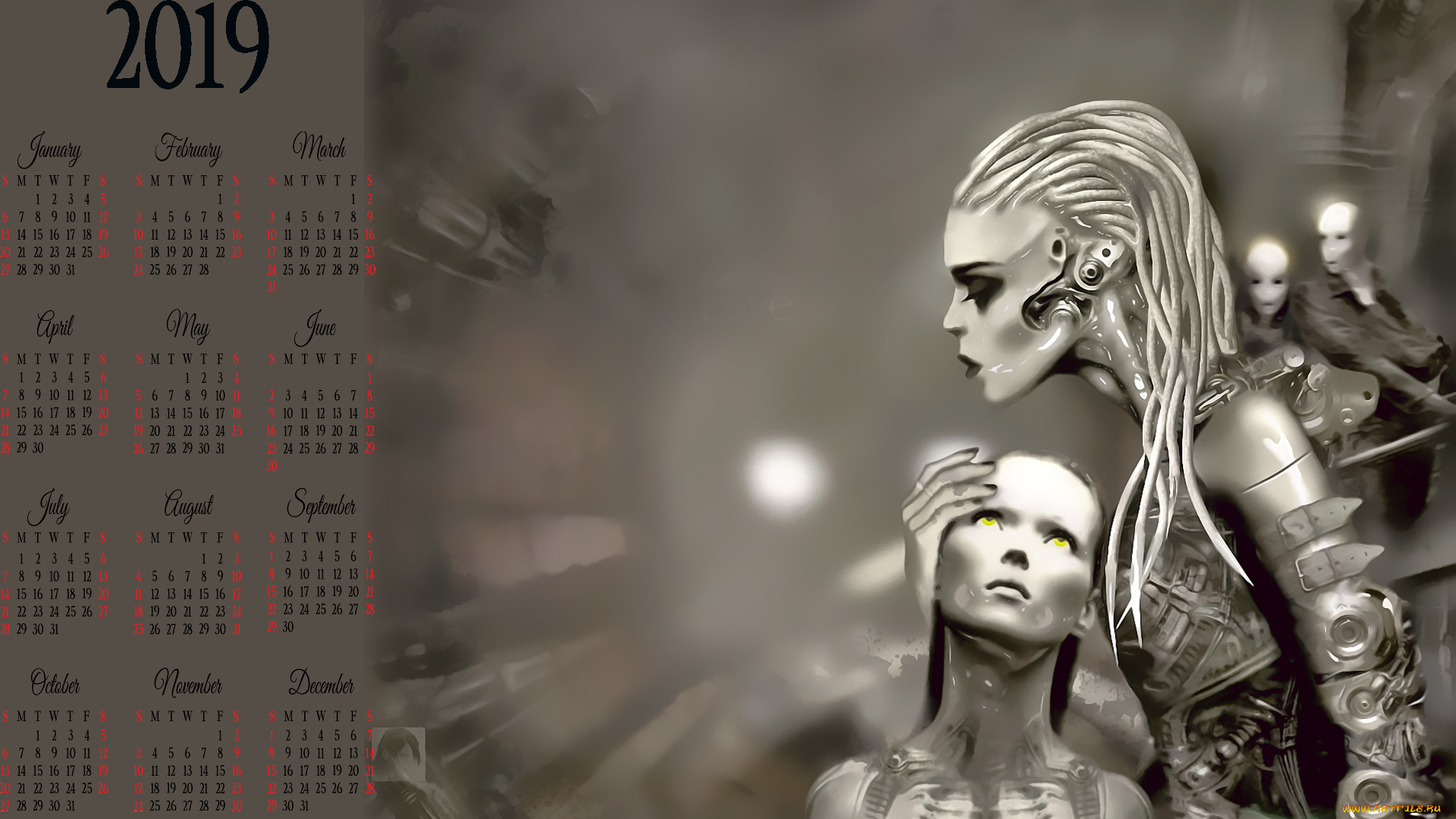 календари, фэнтези, существо, девушка, робот