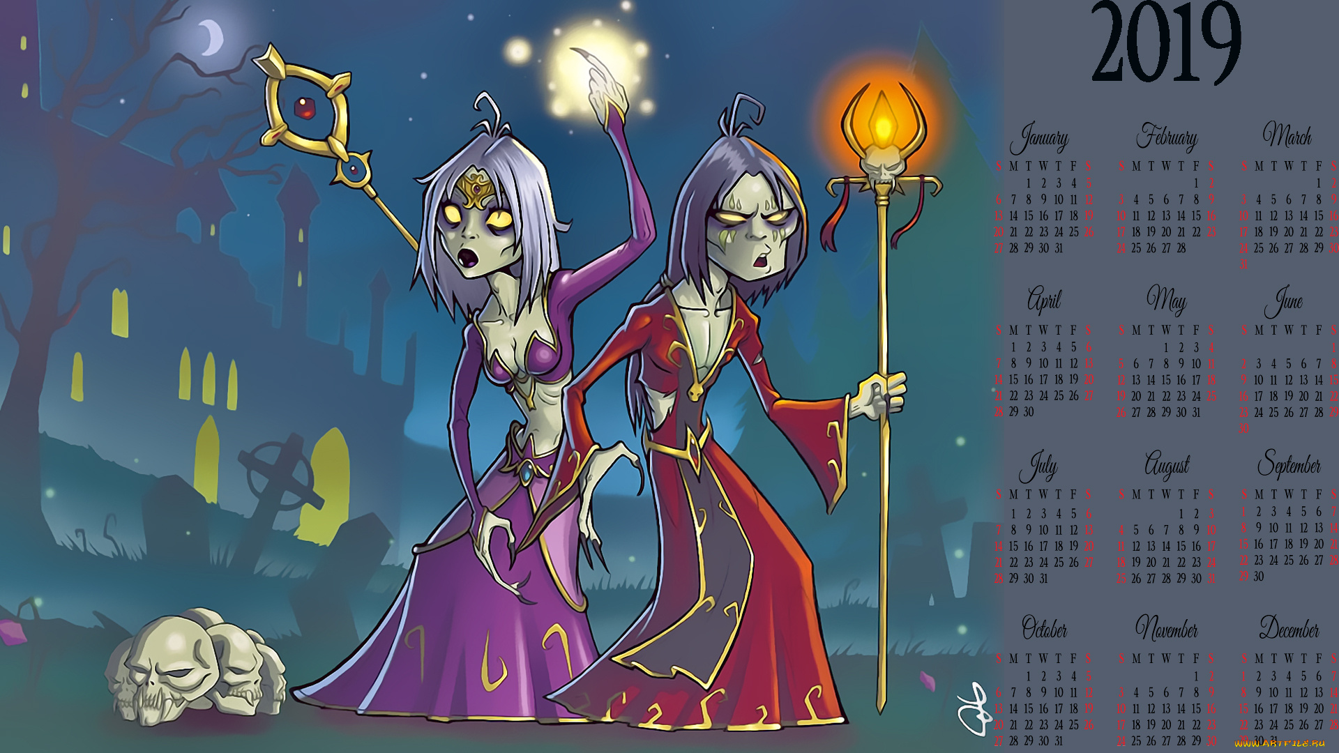 календари, фэнтези, женщина, череп, магия, ведьма