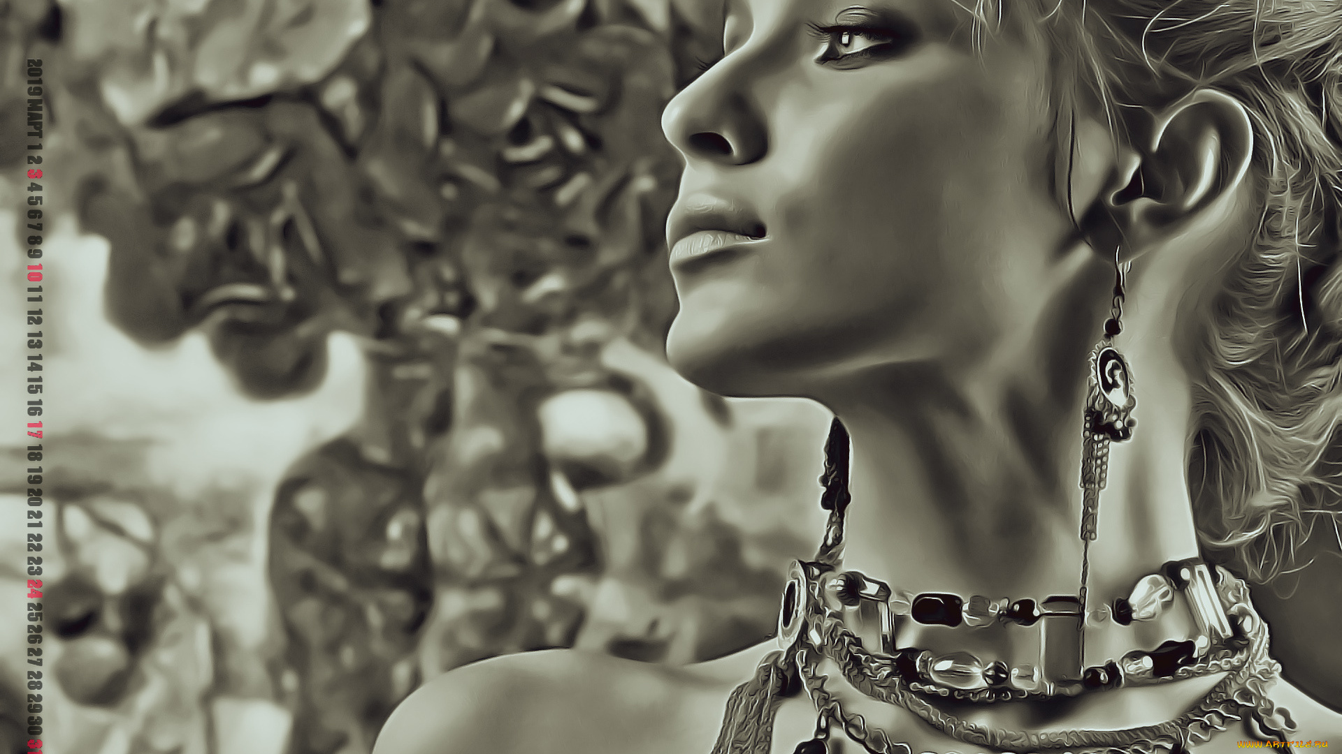 календари, компьютерный, дизайн, бусы, серьги, профиль, лицо, девушка, украшение