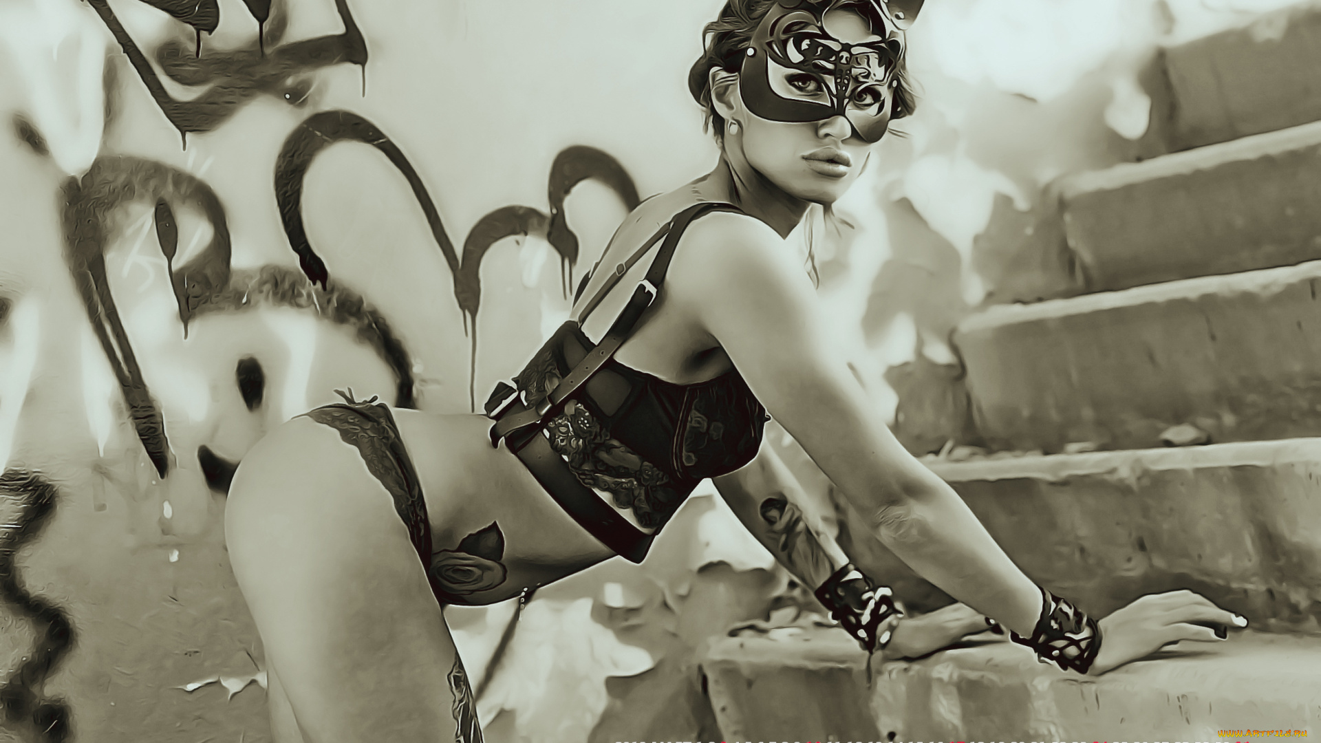 календари, компьютерный, дизайн, ступени, девушка, маска