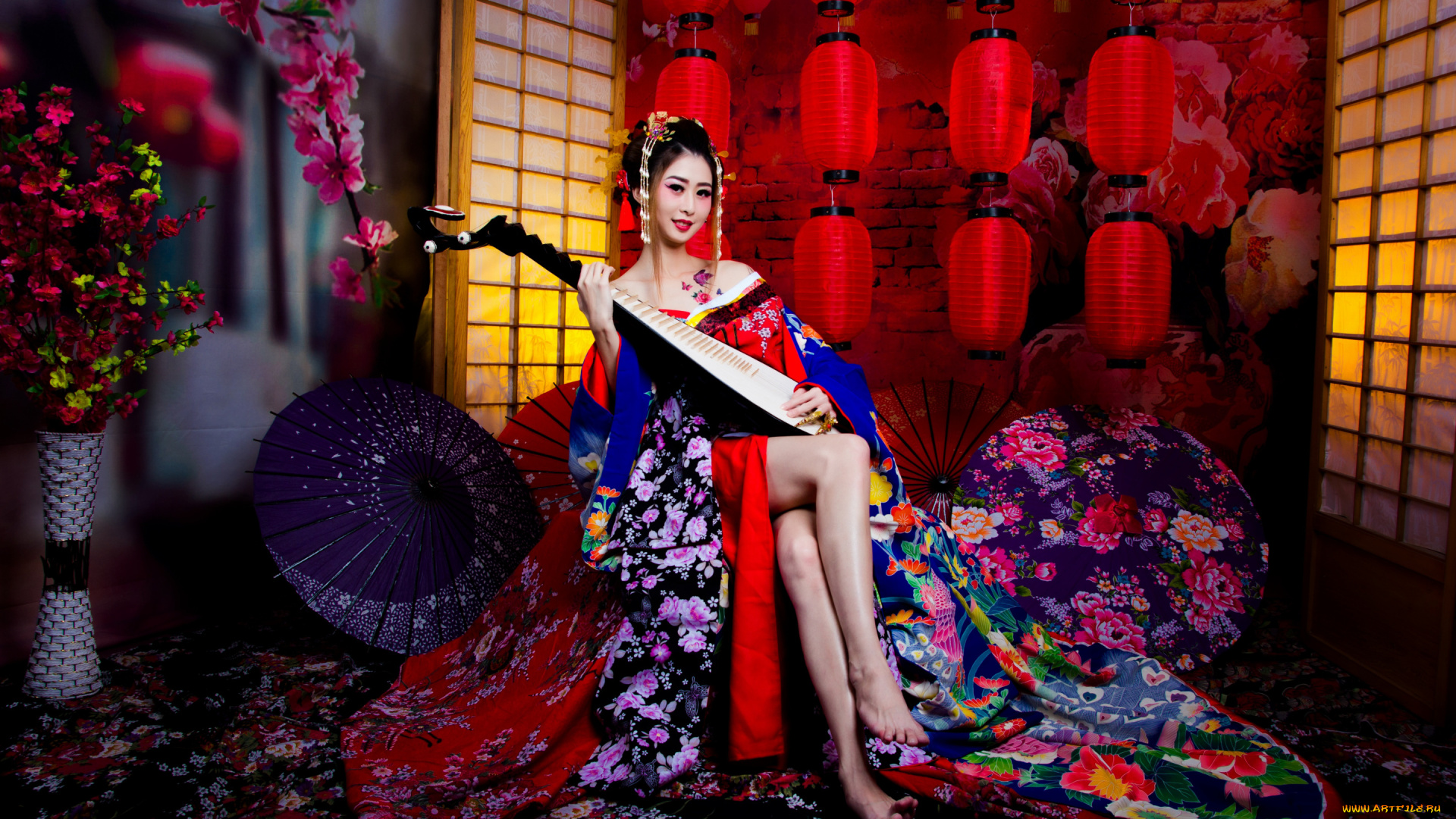 музыка, -другое, азиатка, инструмент, фон, стиль