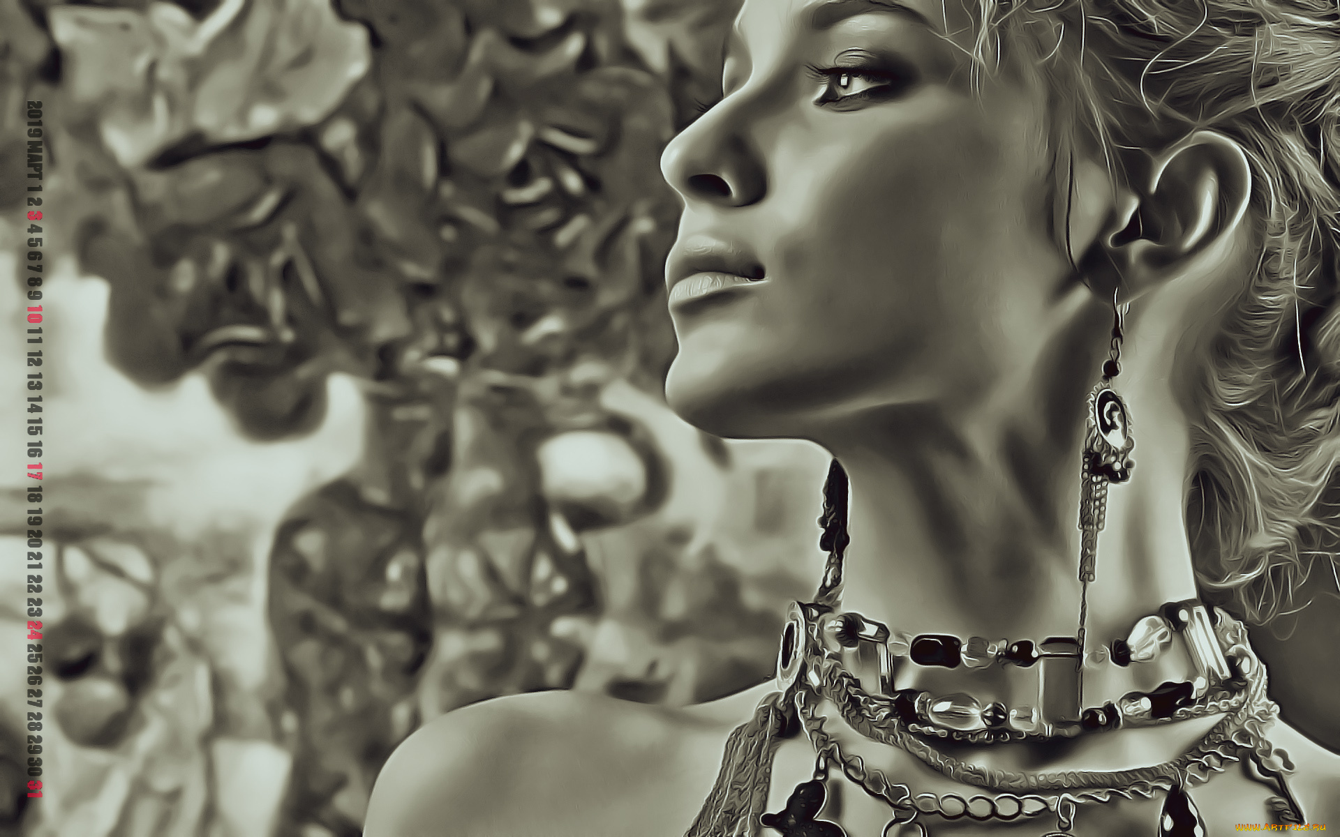 календари, компьютерный, дизайн, бусы, серьги, профиль, лицо, девушка, украшение