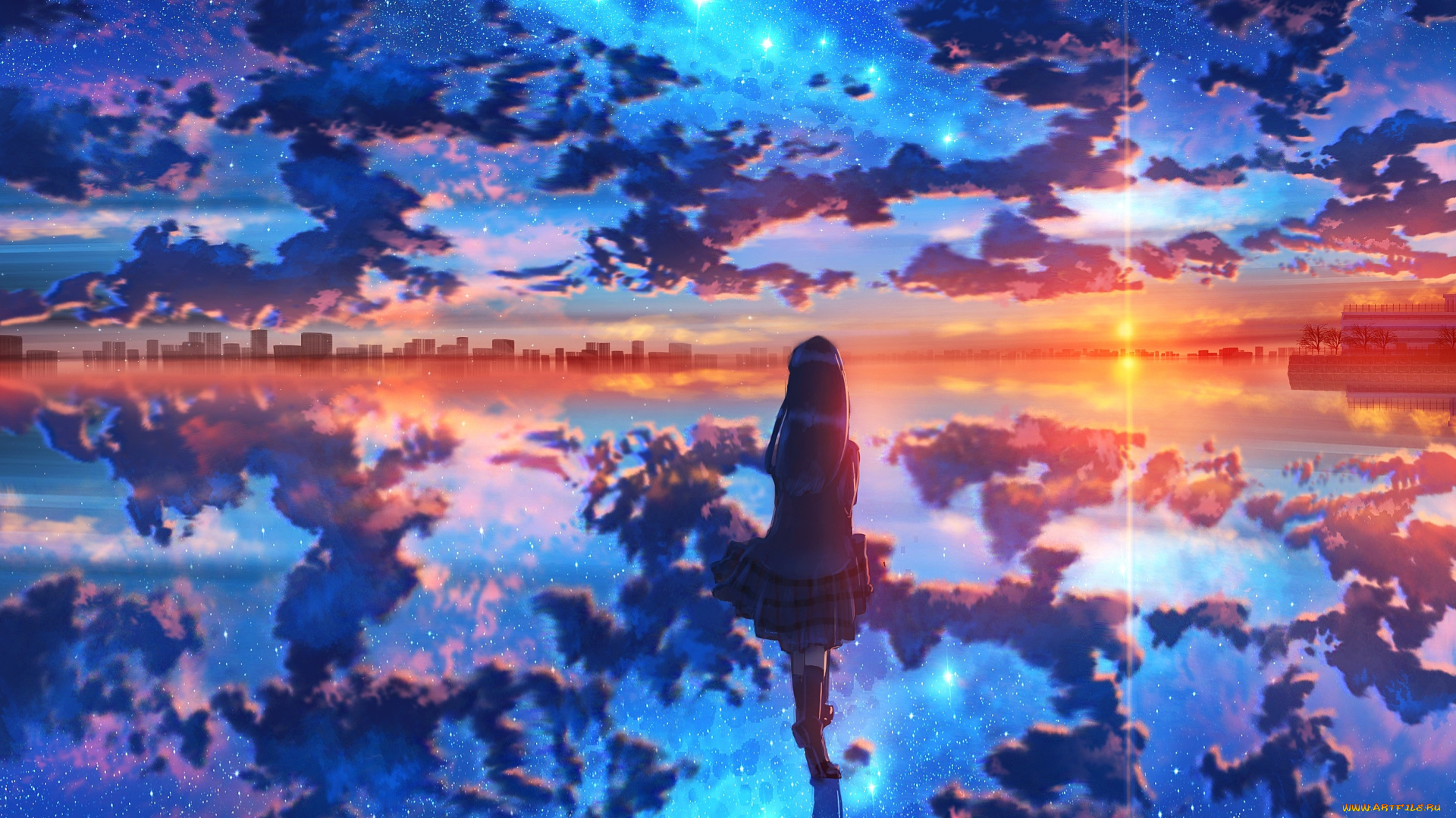 аниме, пейзажи, , природа, закат