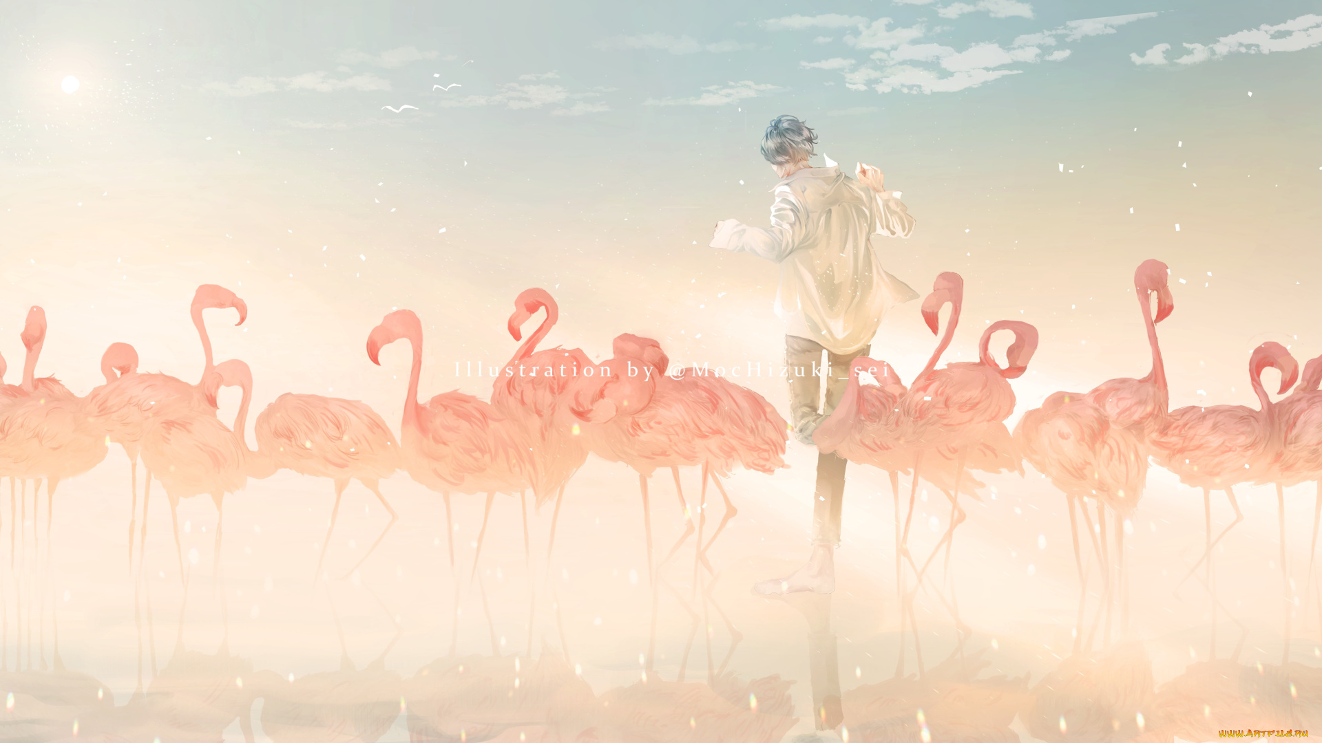 аниме, животные, , существа, парень, фламинго