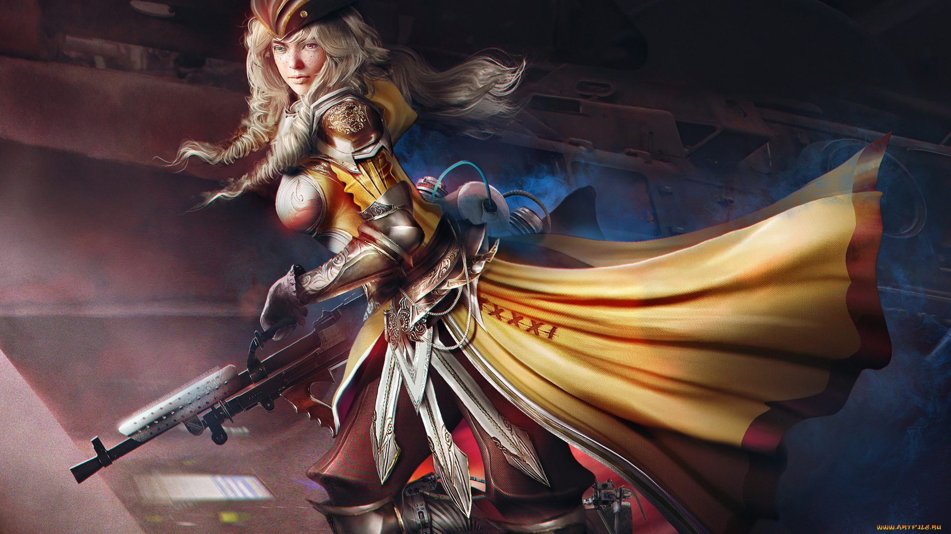 фэнтези, девушки, девушка, фон, взгляд, униформа, автомат