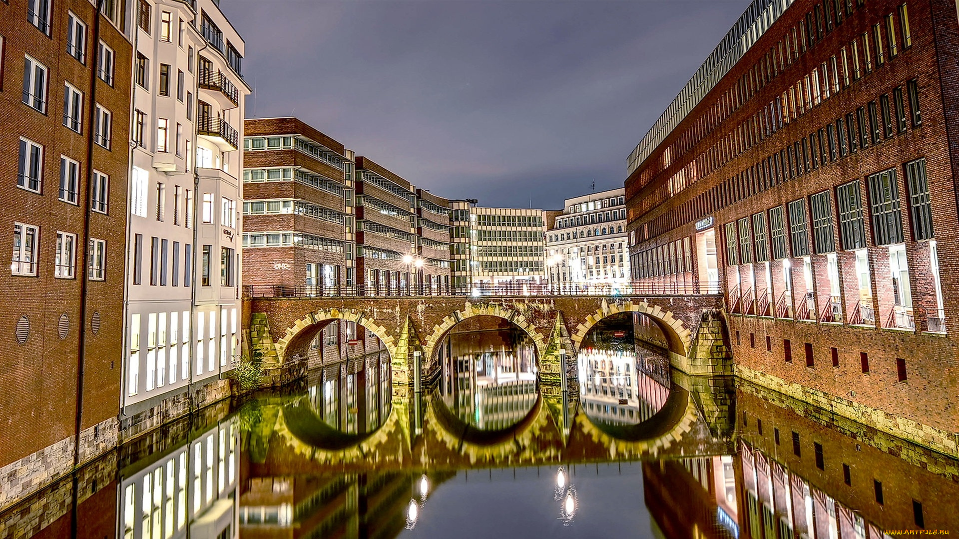 города, гамбург, , германия, мост, вечер, огни