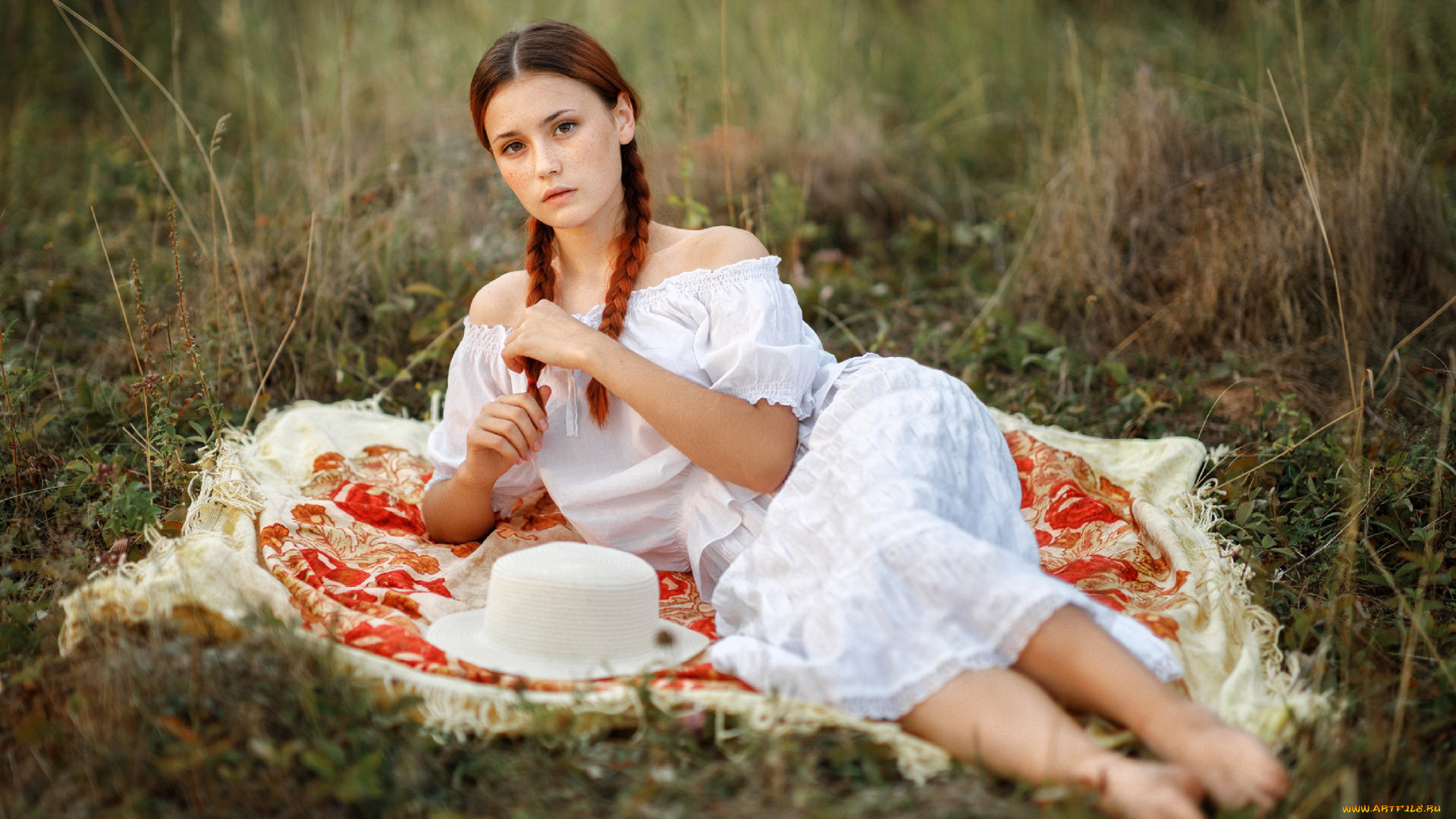 девушки, -, рыжеволосые, и, разноцветные, трава, шляпа, платье, косы, надежда, третьякова
