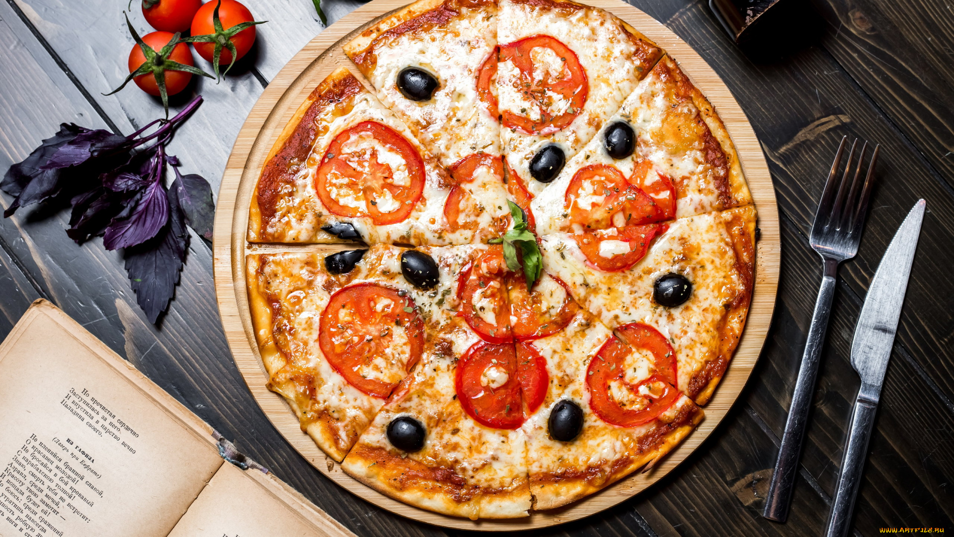 еда, пицца, базилик, маслины, сыр, помидоры