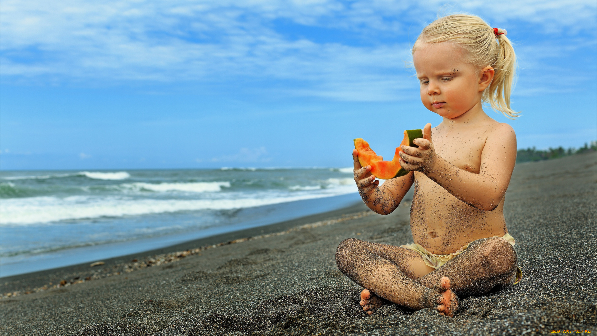 разное, дети, девочка, дыня, пляж, море