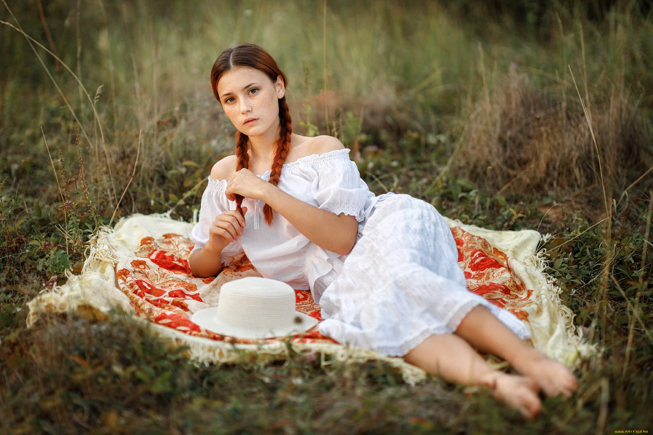 девушки, -, рыжеволосые, и, разноцветные, трава, шляпа, платье, косы, надежда, третьякова