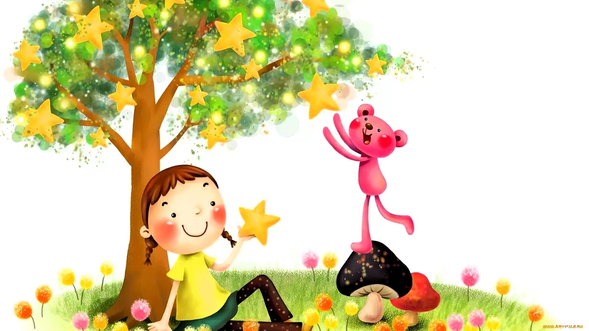 рисованное, дети, девочка, мишка, дерево, грибы, звезды