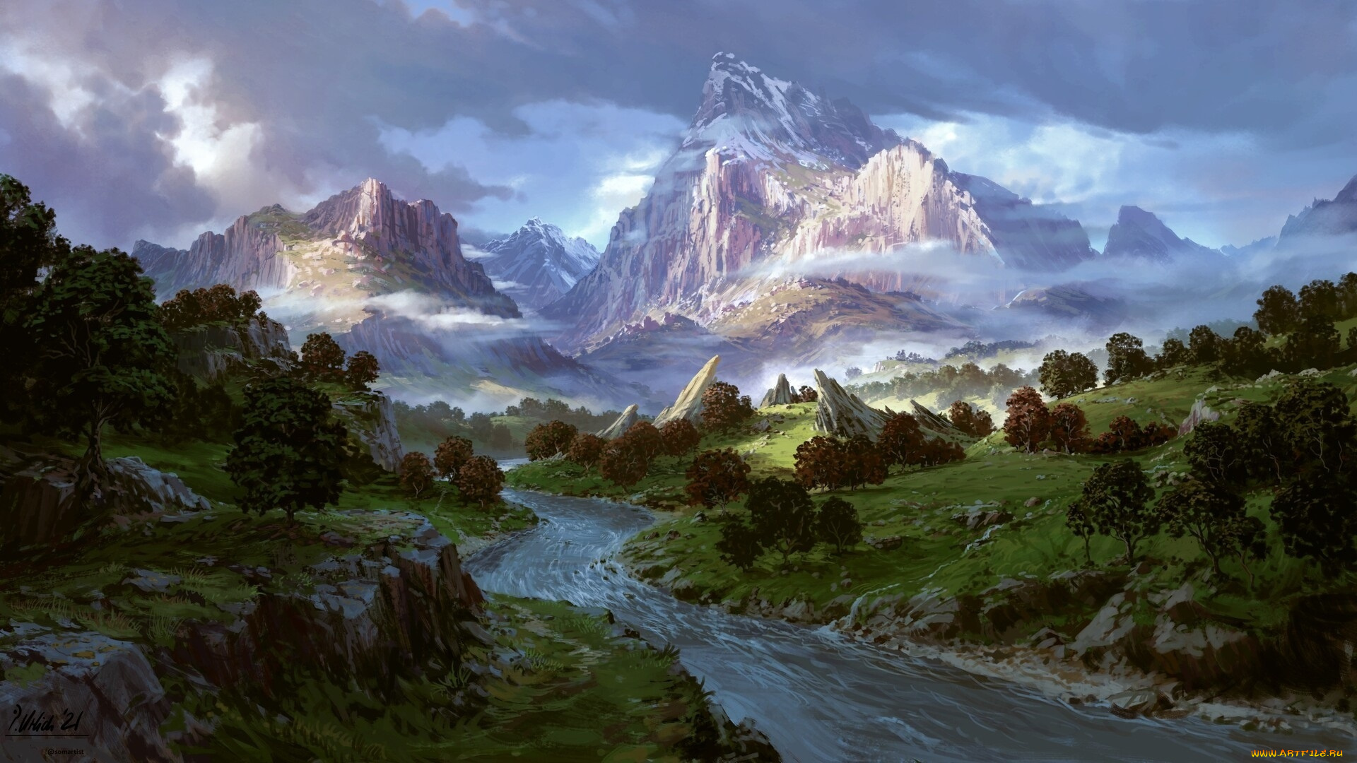 рисованное, живопись, горы, река