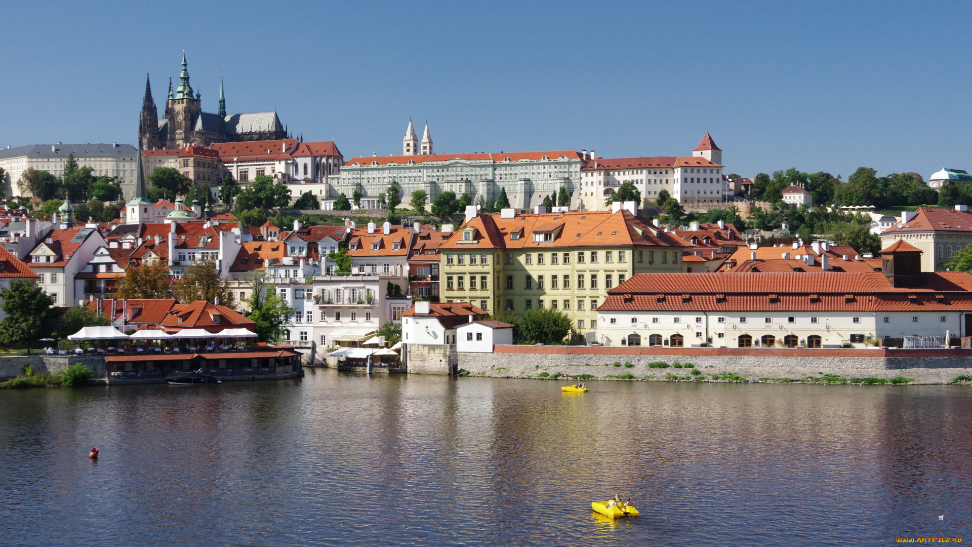 города, прага, , чехия, река, влтава, панорама