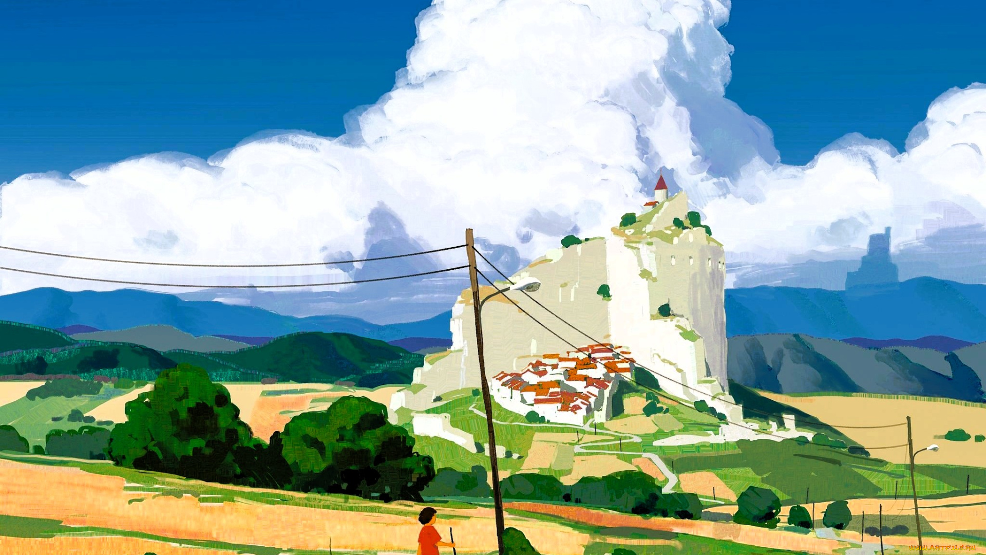 рисованное, дети, небо, облака, гора, город, дороги, мальчик, провода