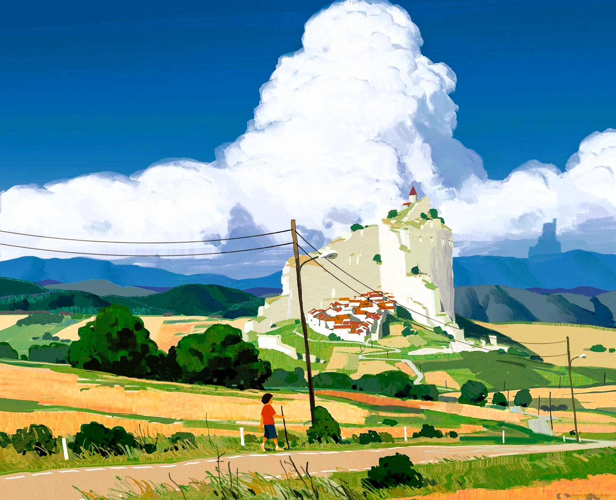 рисованное, дети, небо, облака, гора, город, дороги, мальчик, провода