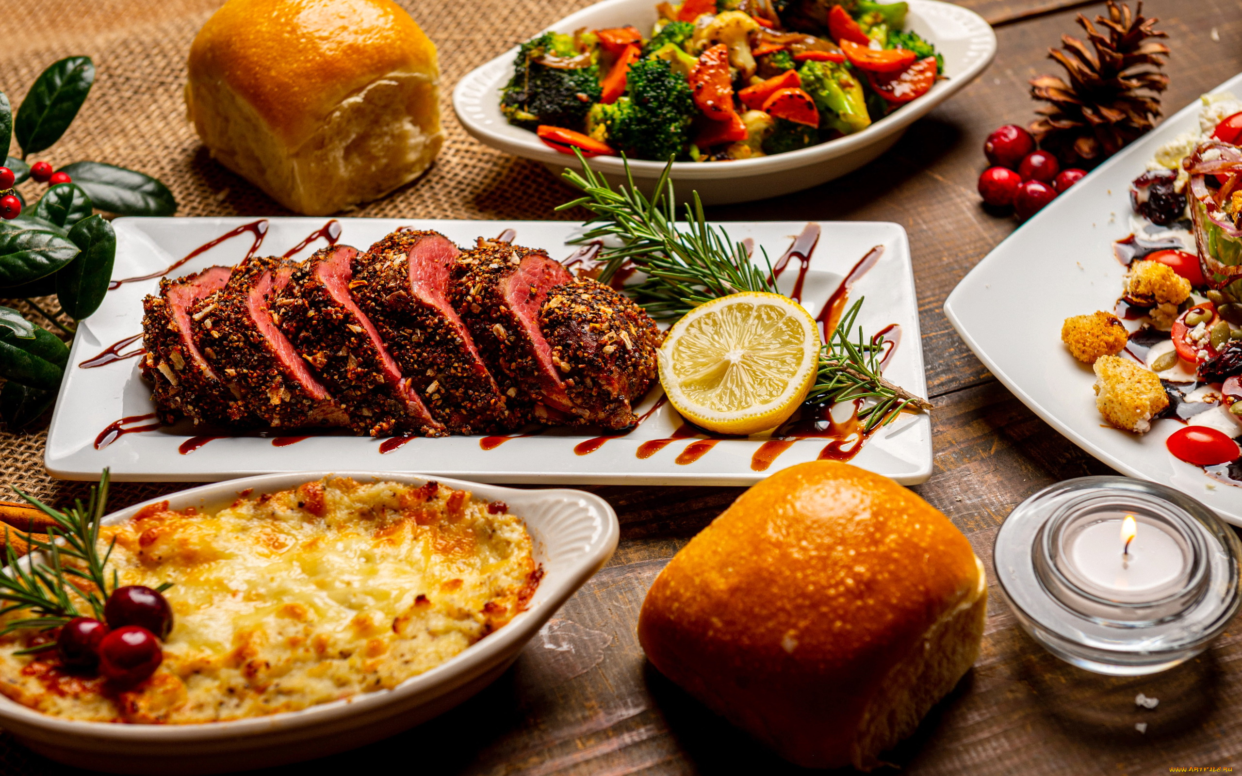 еда, разное, свеча, запеканка, овощи, мясо, хлеб, розмарин