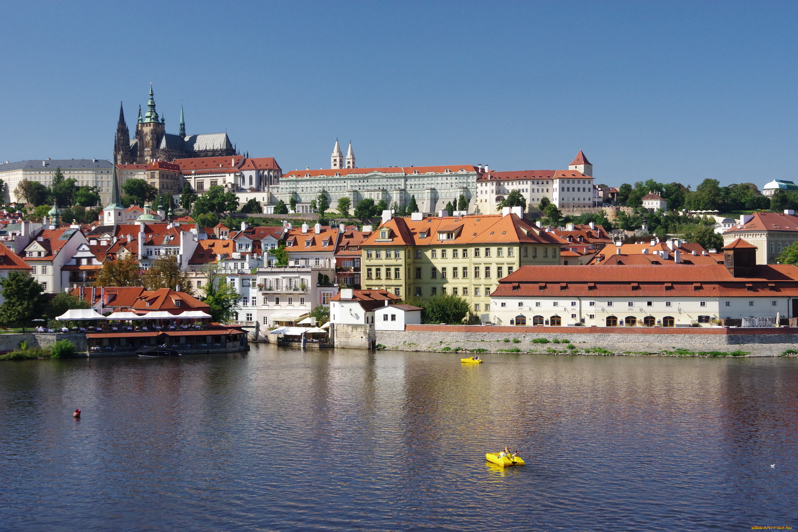 города, прага, , чехия, река, влтава, панорама