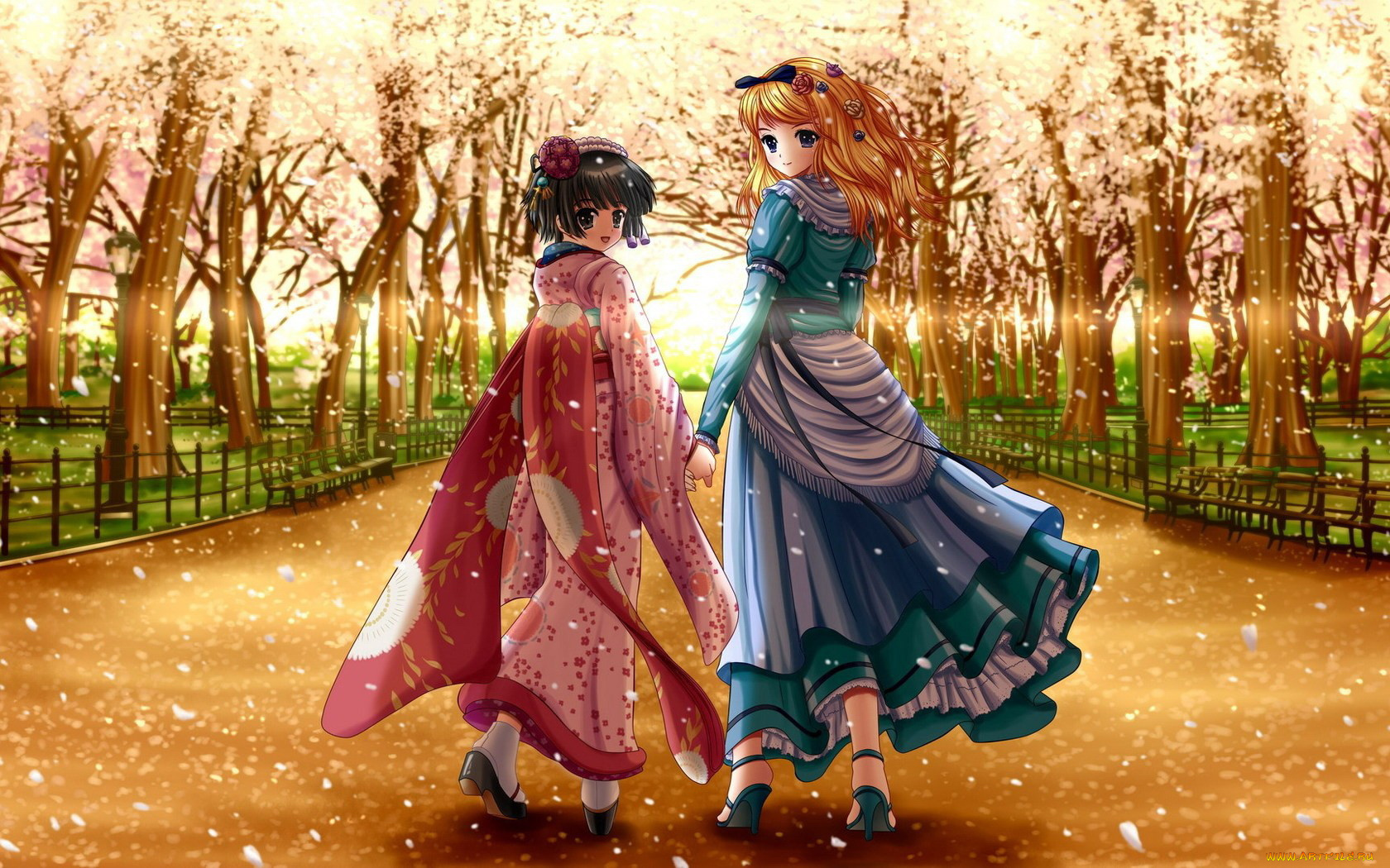 аниме, ikoku, meiro, no, croisee, аллея, девушки