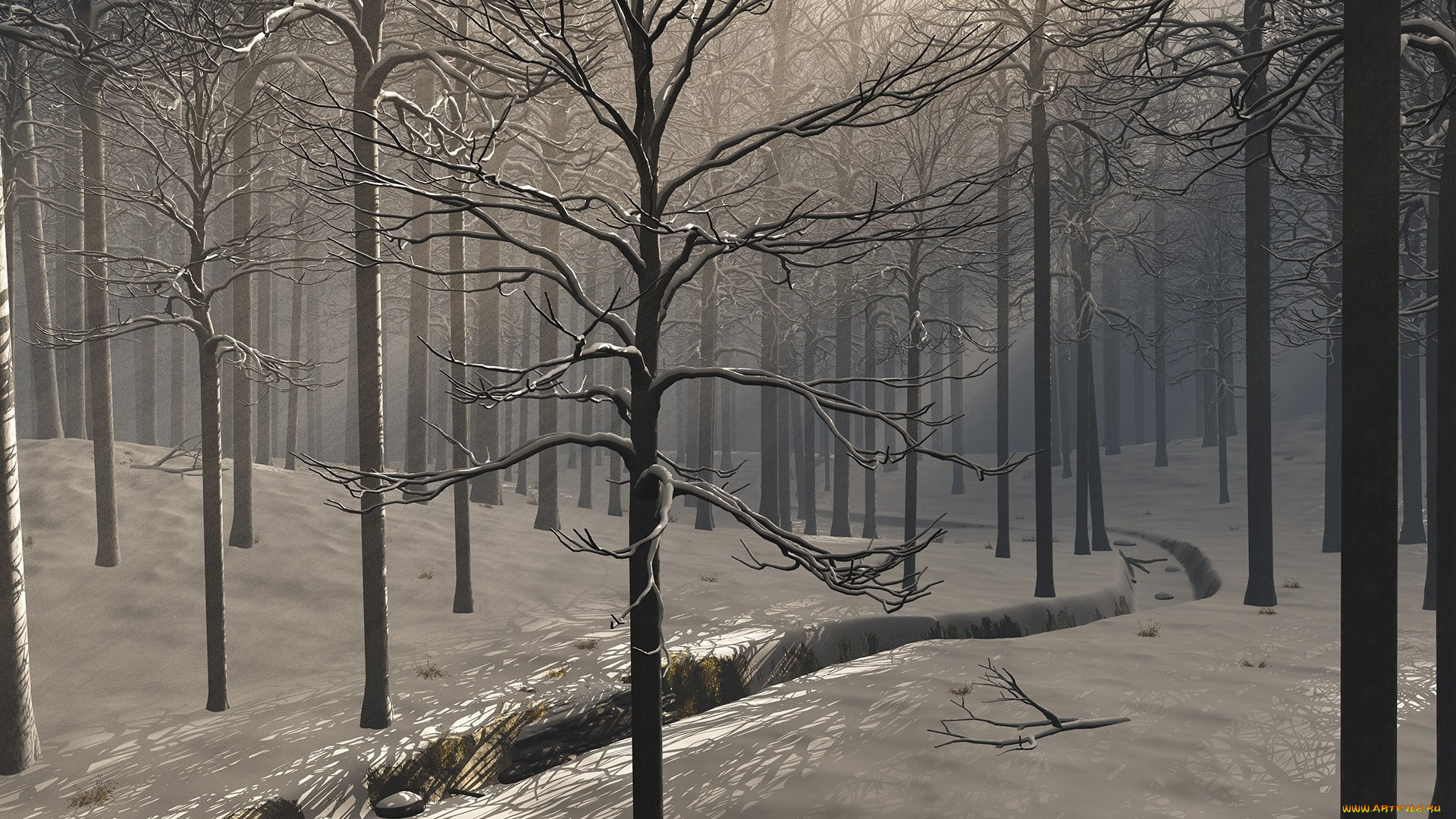 3д, графика, nature, landscape, природа, лес, снег