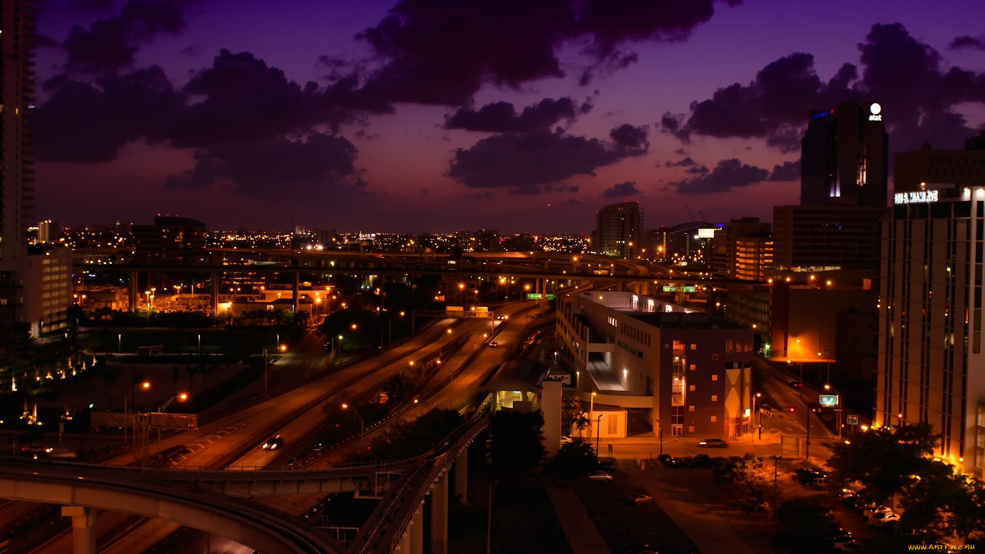 города, огни, ночного, город, ночь, облака