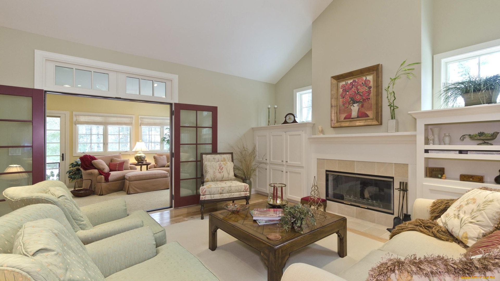 интерьер, гостиная, камин, картина, столик, диван